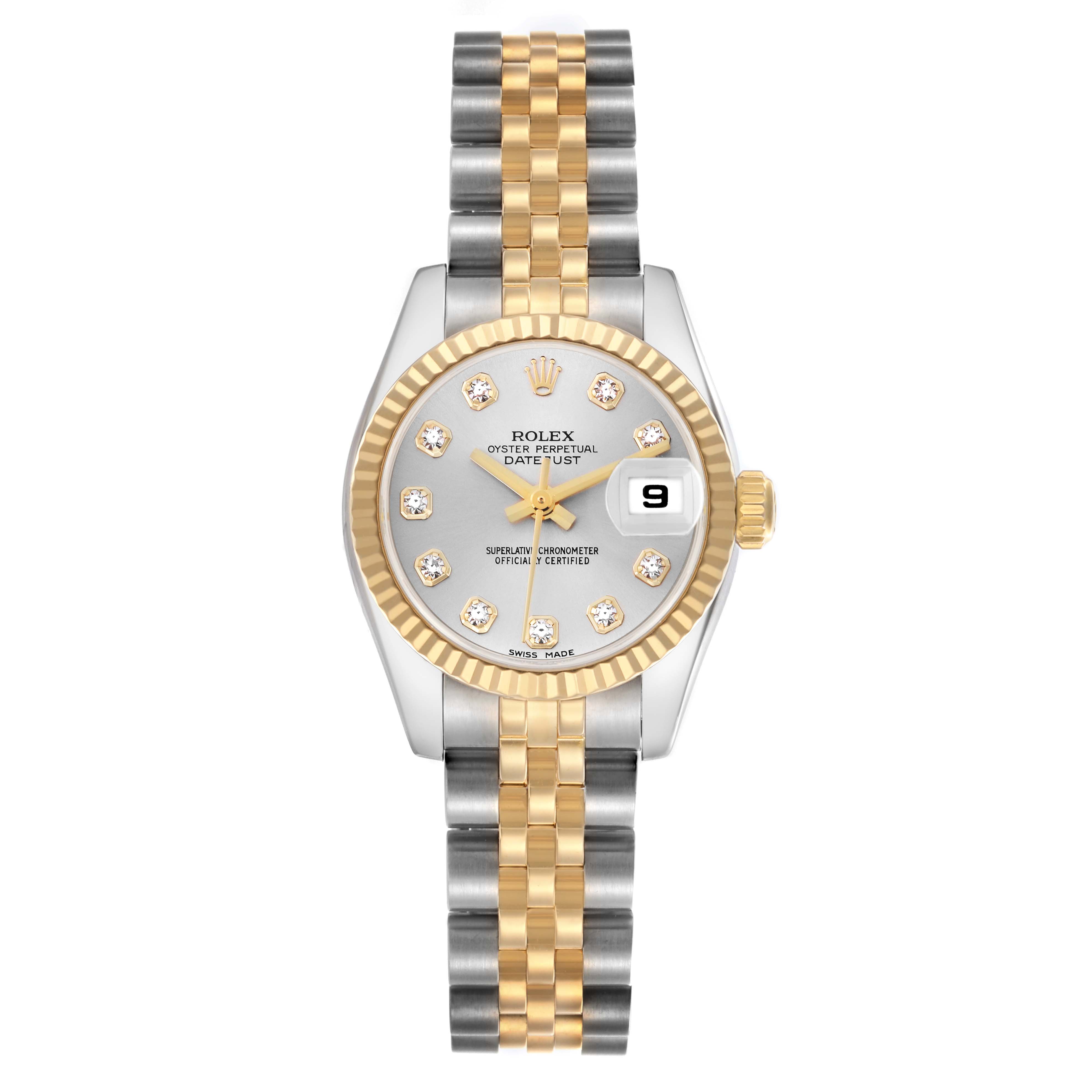 The Rolex Datejust 179173 Women
s Steel and Gold (two tone) Silver Dial 179173 Women
s Steel and Gold (two tone) Silver Dial watch is shown from a top-down angle, highlighting the face, bezel, and two-tone bracelet.
