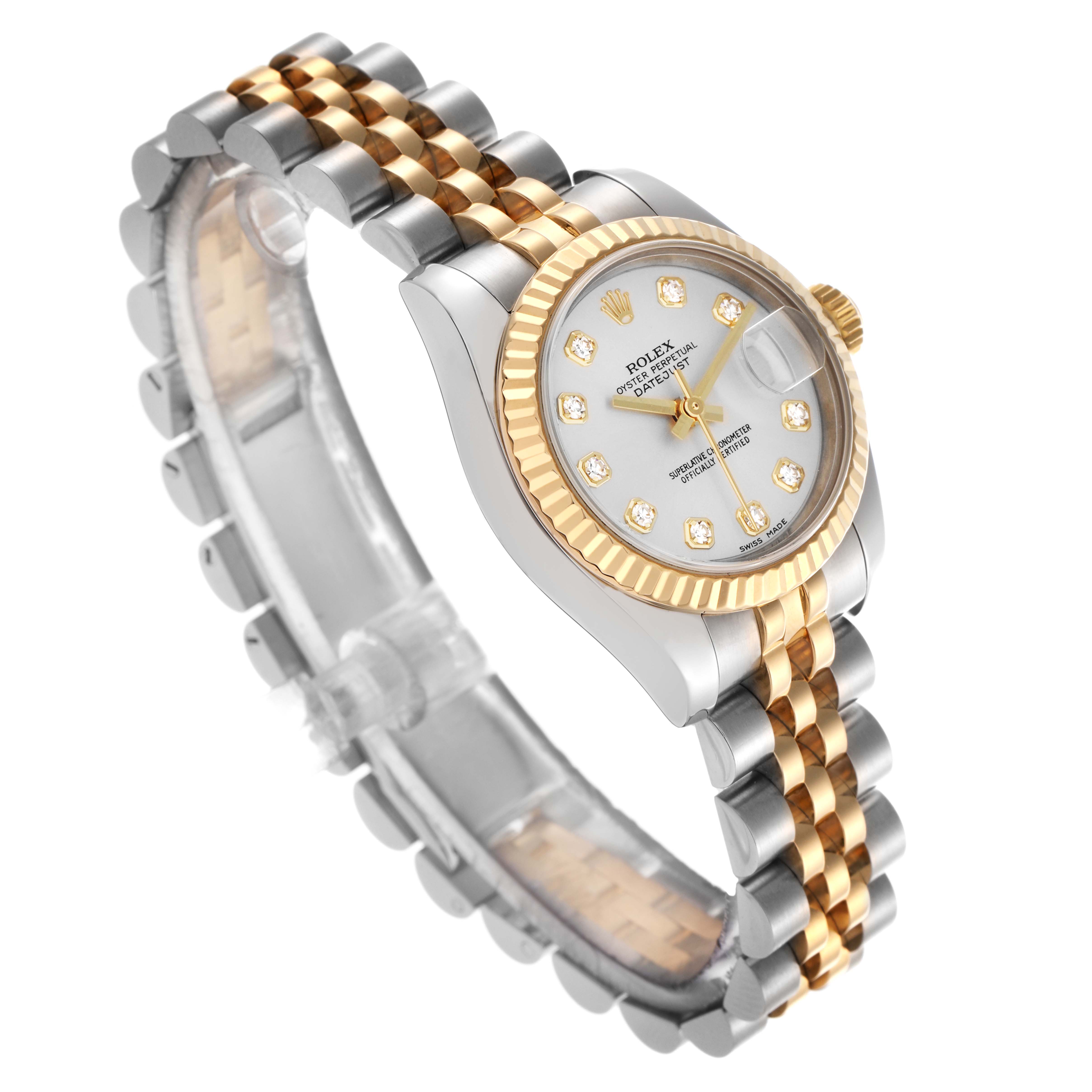 The Rolex Datejust 179173 Women
s Steel and Gold (two tone) Silver Dial 179173 Women
s Steel and Gold (two tone) Silver Dial watch is shown at a slight angle, displaying its two-tone bracelet, dial with diamond markers, and fluted bezel.