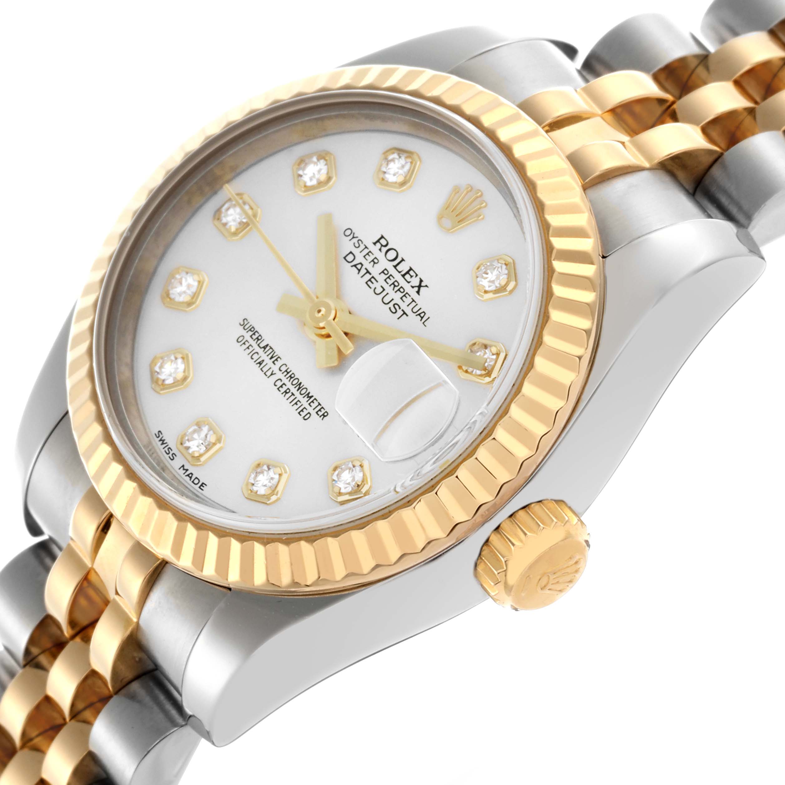 The image shows a Rolex Datejust 179173 Women
s Steel and Gold (two tone) Silver Dial 179173 Women
s Steel and Gold (two tone) Silver Dial watch at an angled side view, highlighting the dial, bezel, crown, and part of the bracelet.