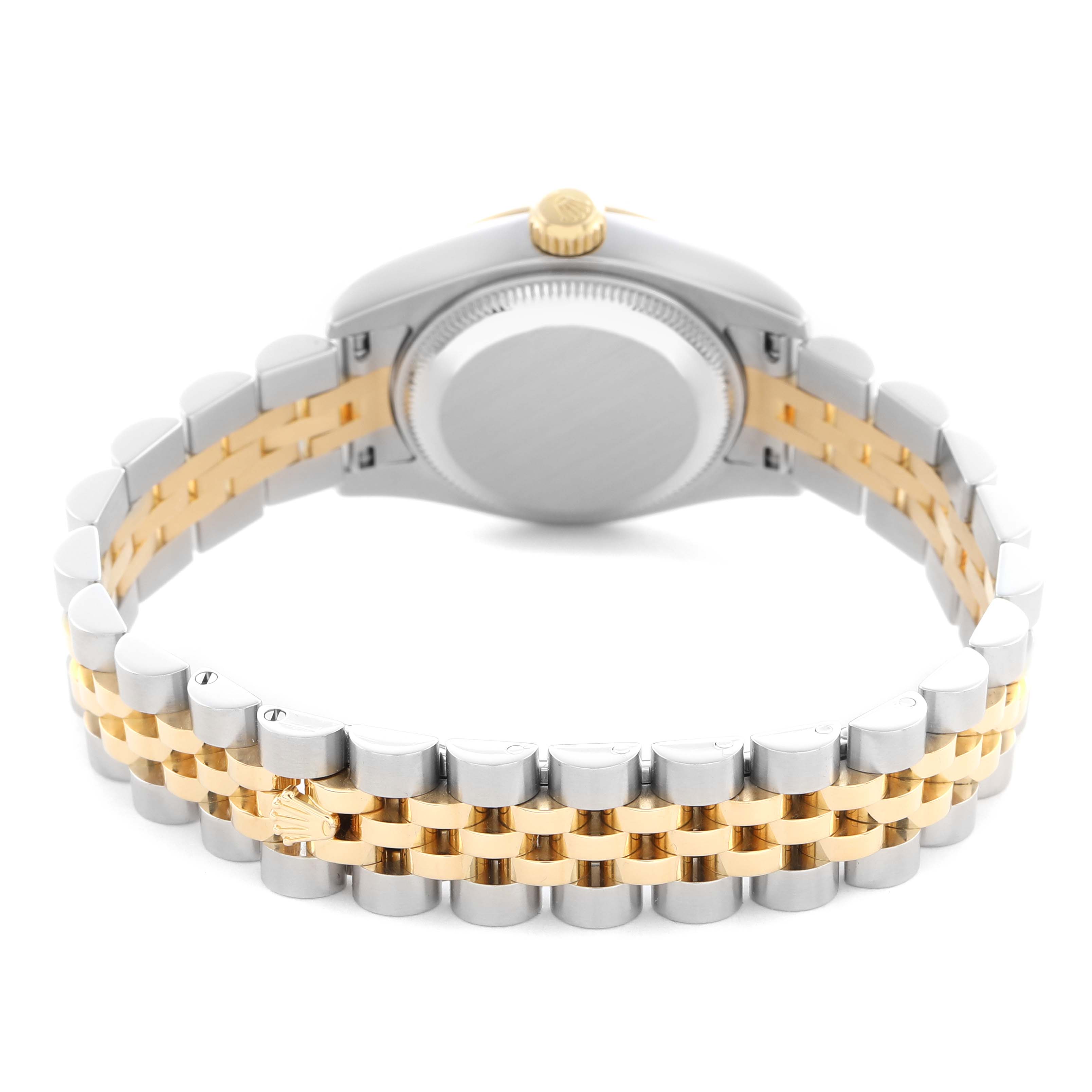 The image shows the back of a Rolex Datejust 179173 Women
s Steel and Gold (two tone) Silver Dial 179173 Women
s Steel and Gold (two tone) Silver Dial watch, highlighting the case back and two-tone bracelet.