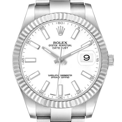 The Rolex Datejust 41 116334 Men's Stainless Steel White Dial watch is shown from the front, highlighting the dial, bezel, and crown.