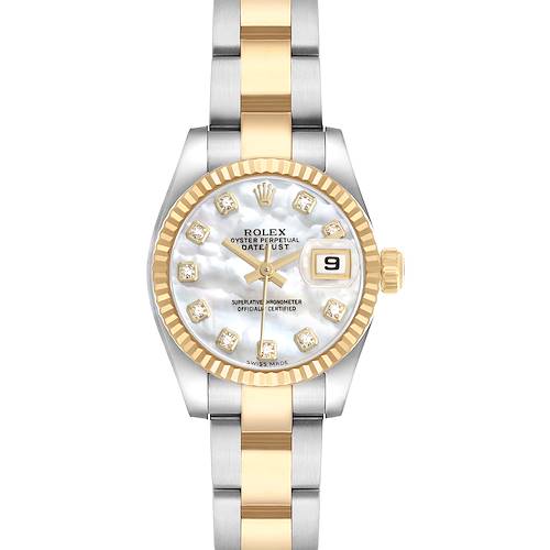 The Rolex Datejust 179173 Women's Steel and Gold (two tone) Mother of Pearl Dial watch is shown from a front angle, displaying the dial, bezel, and bracelet.