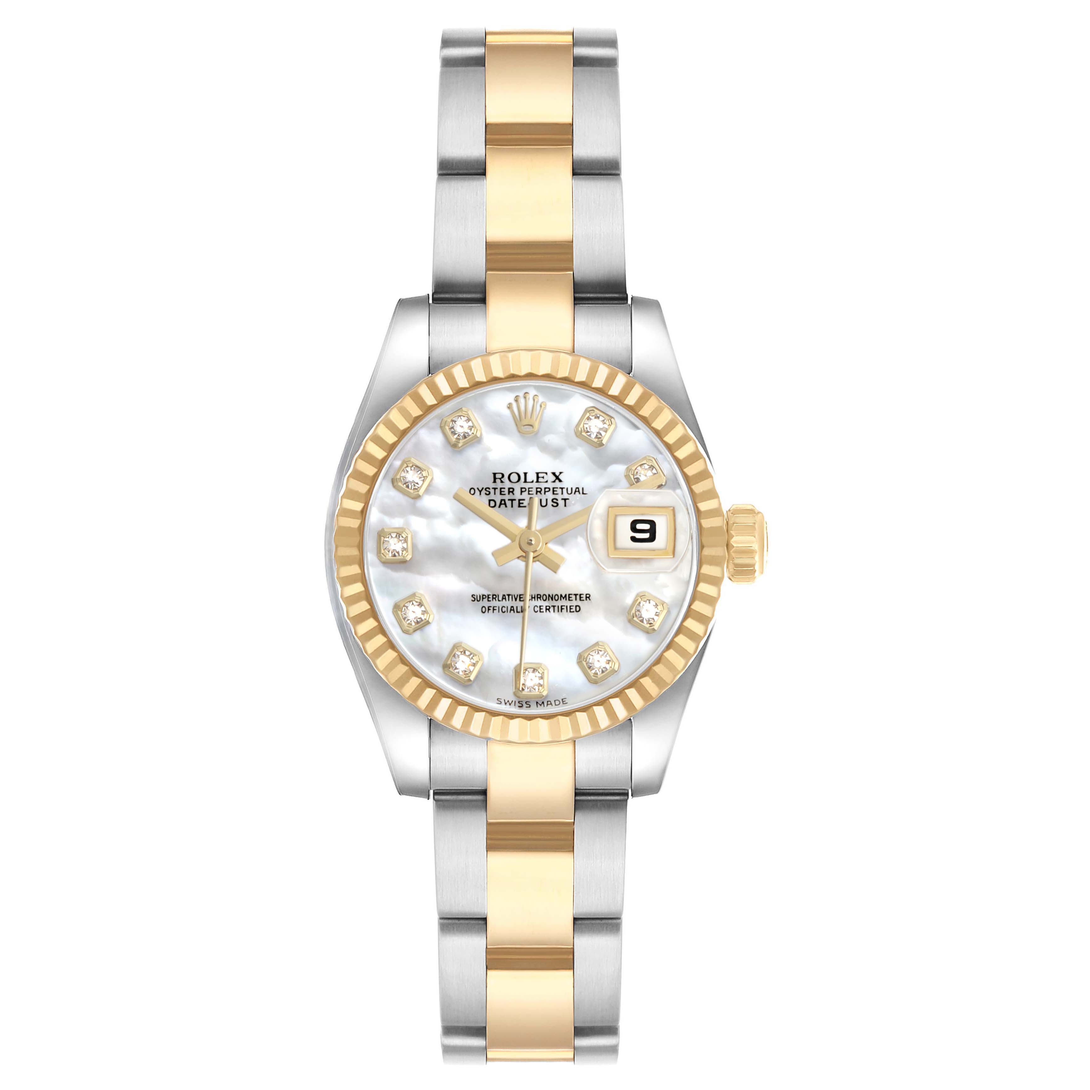 The Rolex Datejust 179173 Women's Steel and Gold (two tone) Mother of Pearl Dial model is shown from a top view, displaying the face, bezel, and two-tone bracelet.