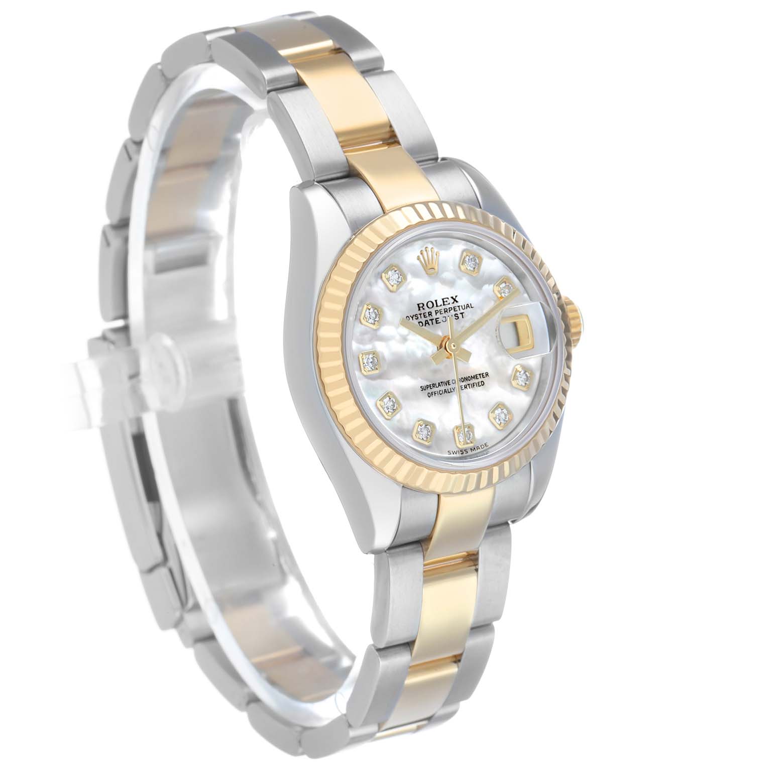 The Rolex Datejust 179173 Women's Steel and Gold (two tone) Mother of Pearl Dial watch is shown at a slightly tilted angle, displaying its gold and silver bracelet, fluted bezel, and dial features.