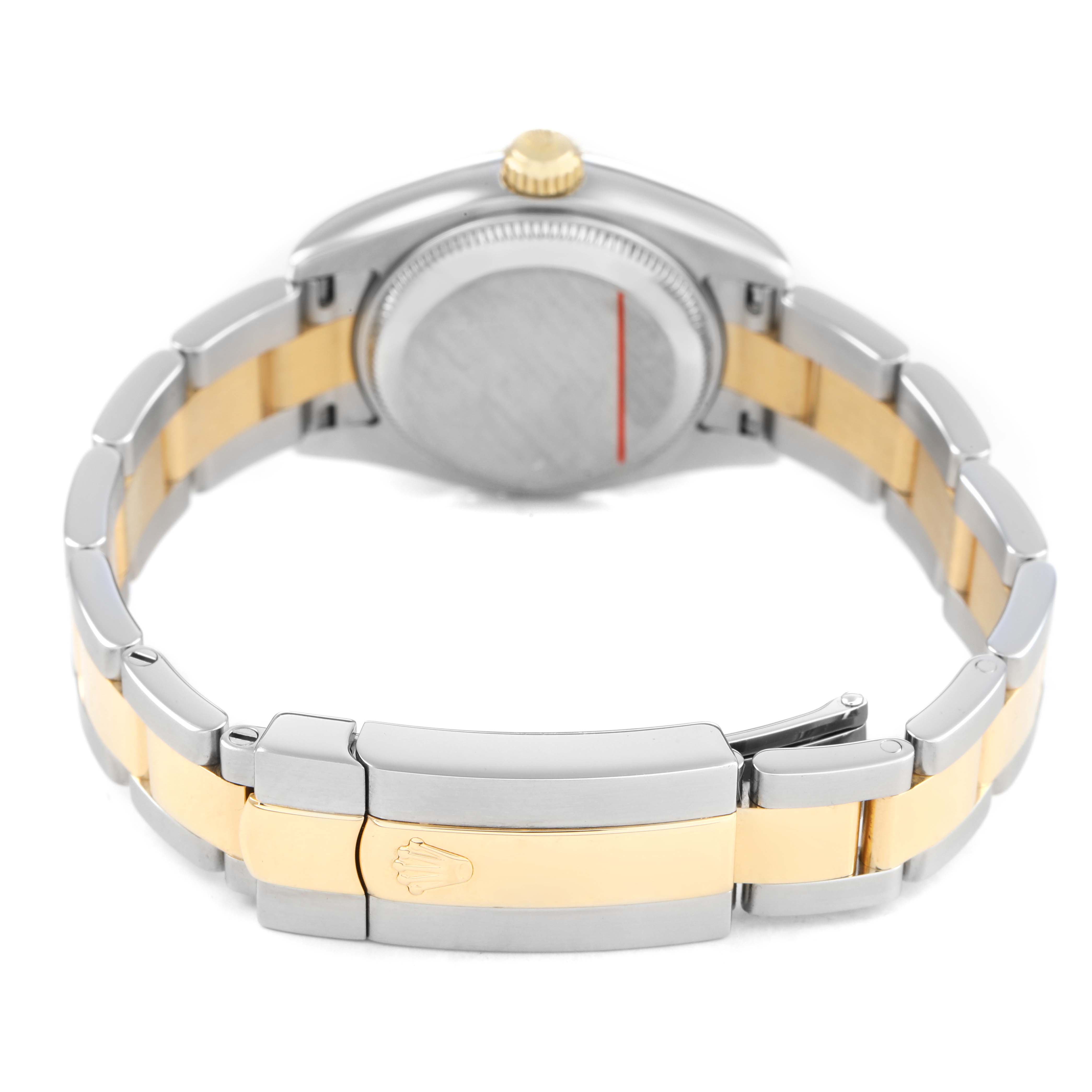 The image shows the back of a Rolex Datejust 179173 Women's Steel and Gold (two tone) Mother of Pearl Dial with its bracelet and clasp visible, highlighting the two-tone design.