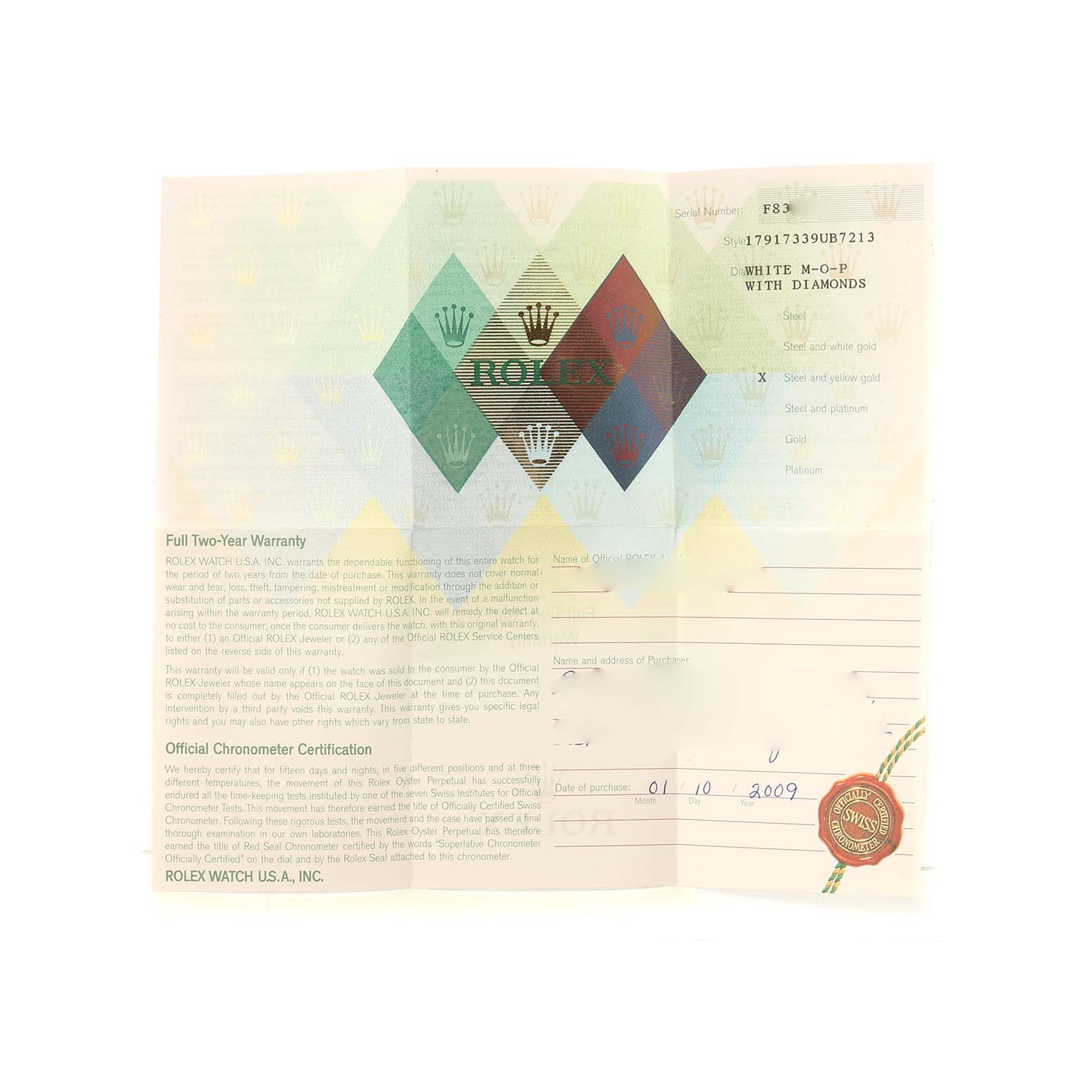 The image shows a warranty card for the Rolex Datejust 179173 Women's Steel and Gold (two tone) Mother of Pearl Dial, highlighting its official documentation and certification details.