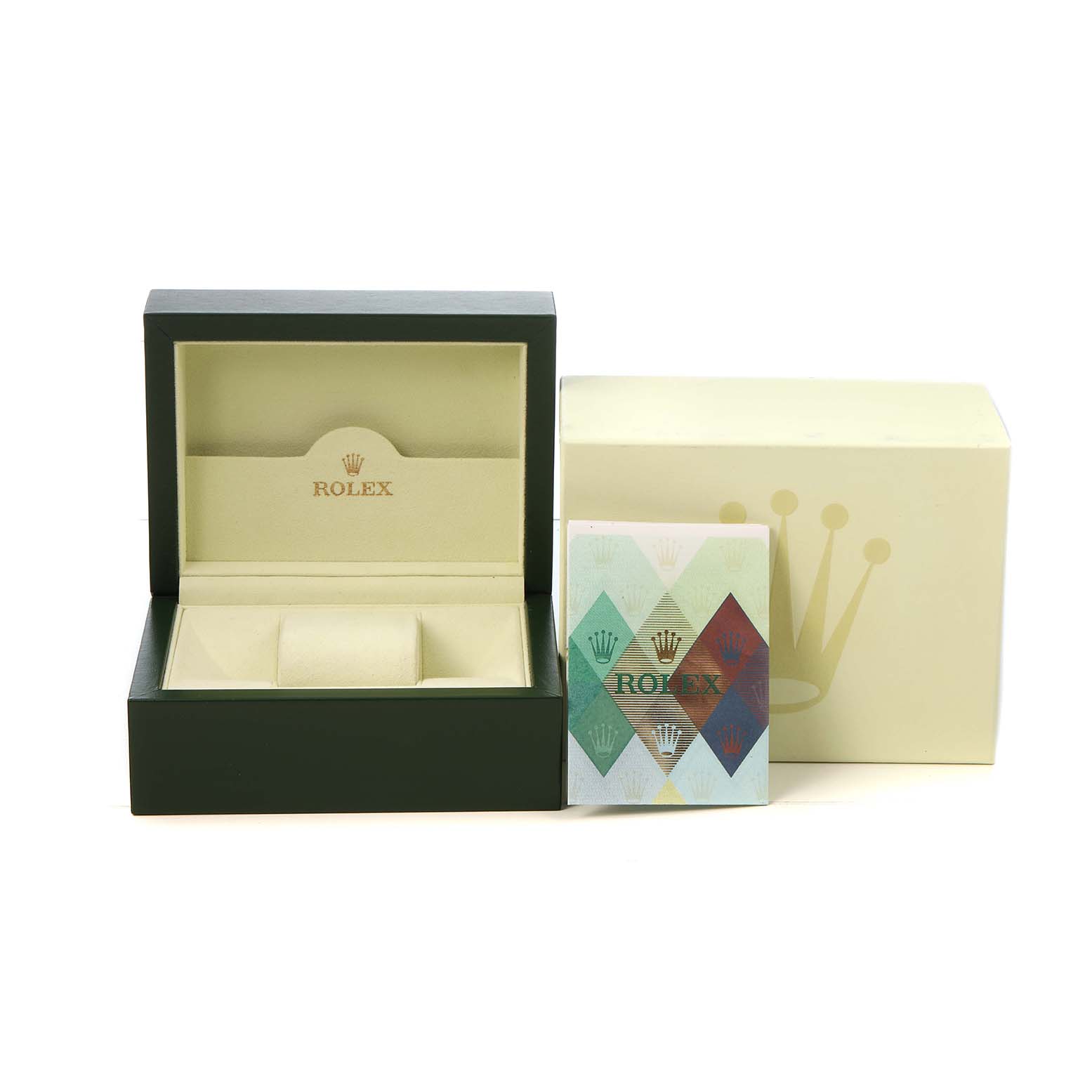 The image shows a Rolex Datejust 179173 Women's Steel and Gold (two tone) Mother of Pearl Dial watch box open, alongside a booklet and outer packaging.