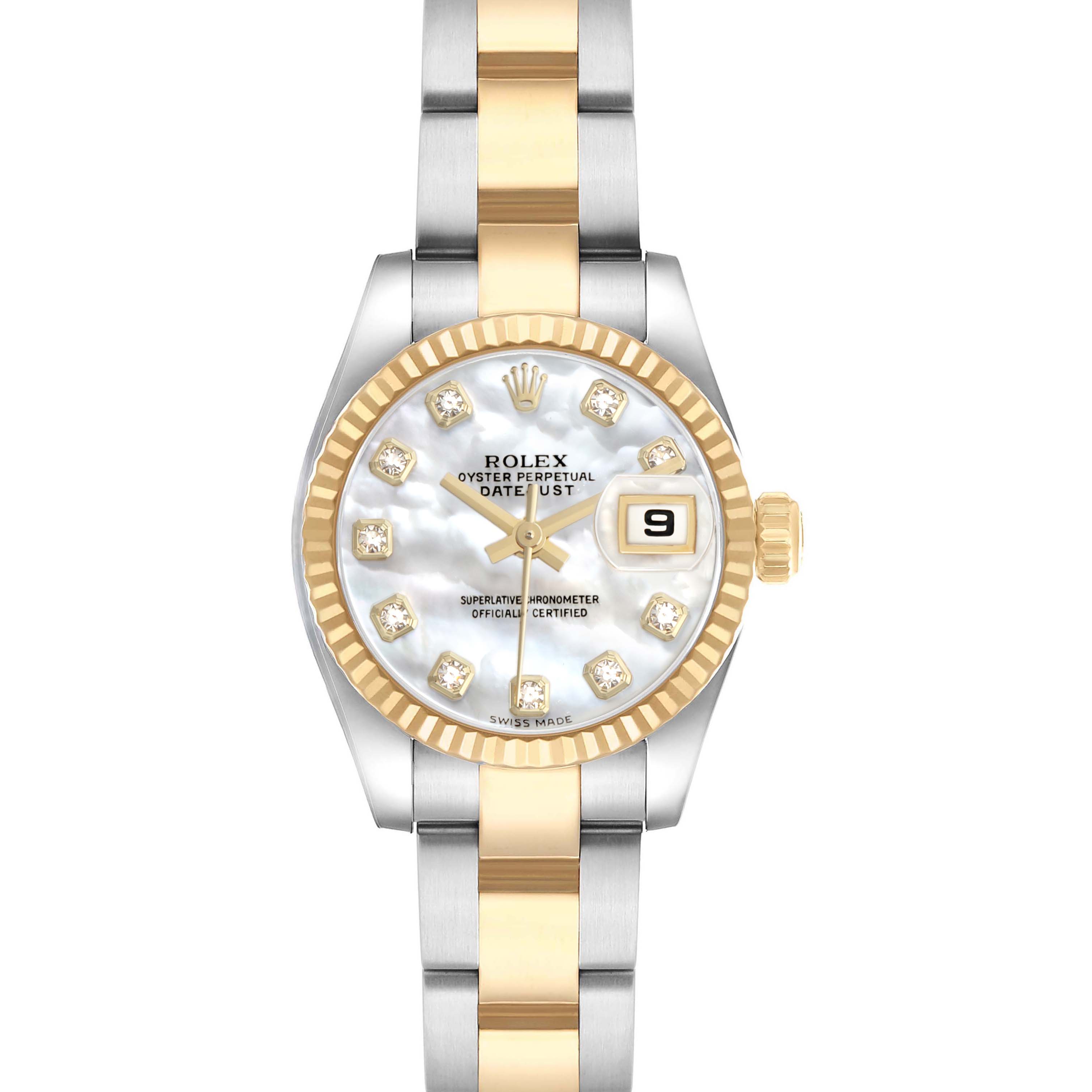 The Rolex Datejust 179173 Women's Steel and Gold (two tone) Mother of Pearl Dial watch is shown from a front angle, highlighting its dial, bezel, and bracelet.