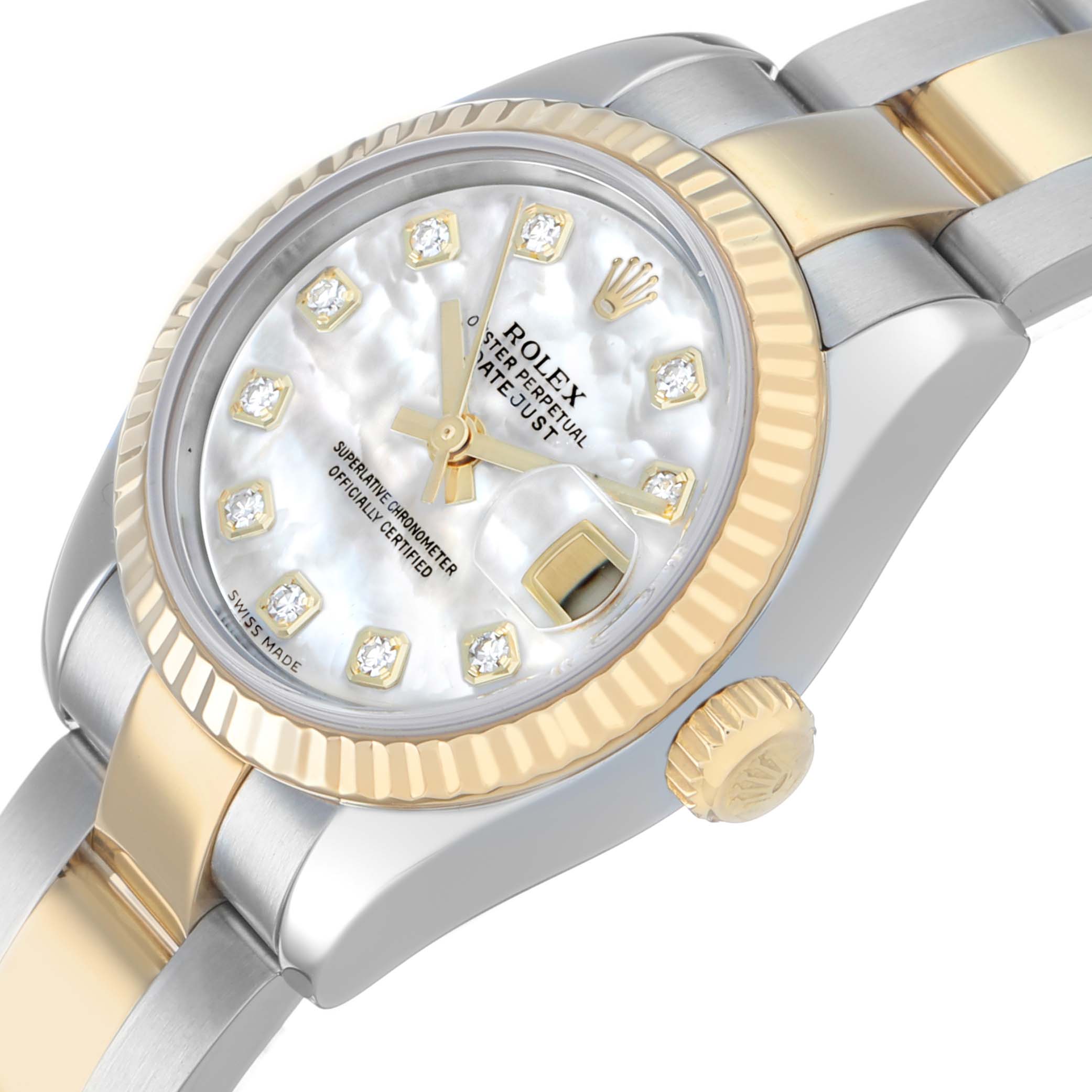 The Rolex Datejust 179173 Women's Steel and Gold (two tone) Mother of Pearl Dial watch is shown at a three-quarter angle, highlighting the dial, bezel, and part of the bracelet.