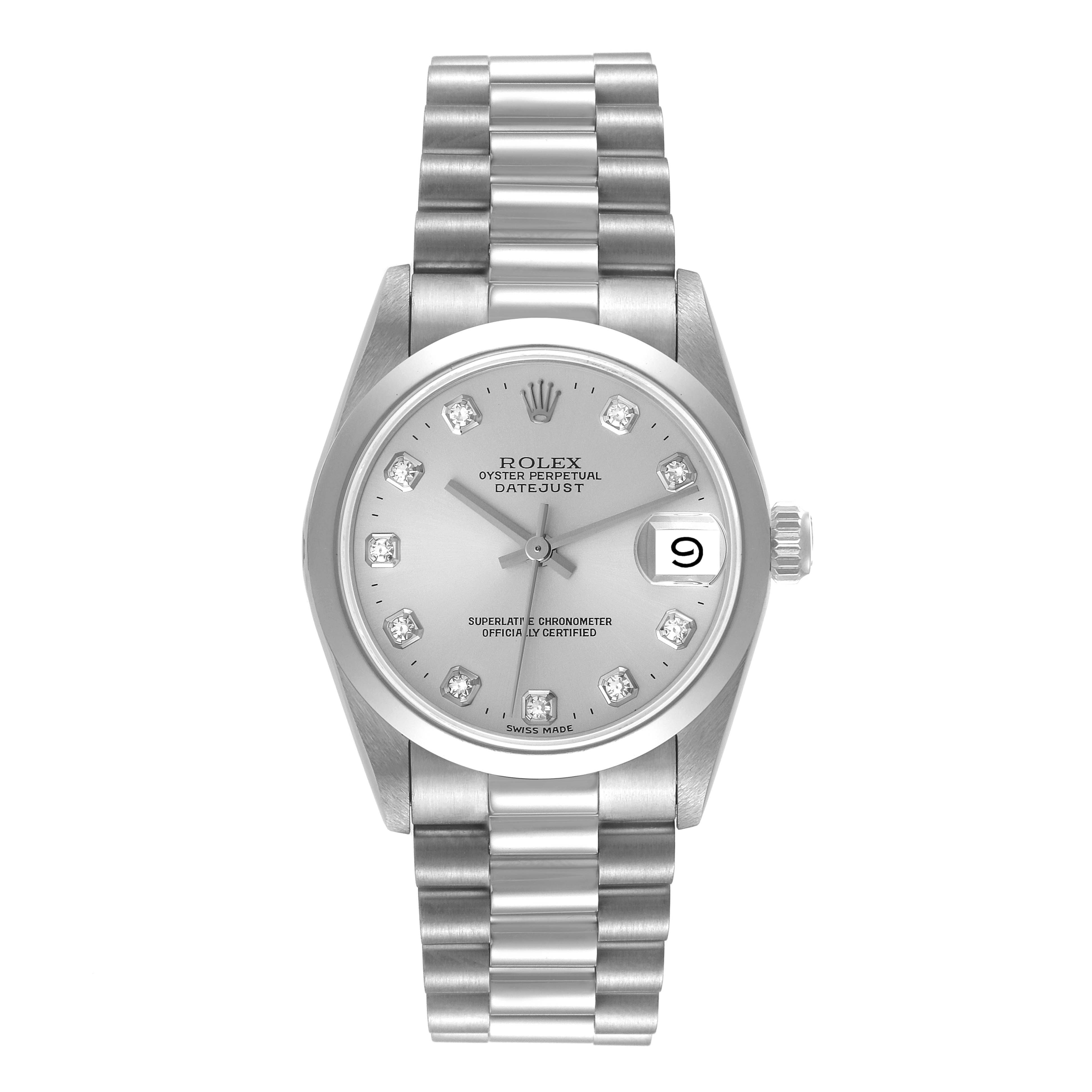 The image shows a front view of a Rolex President 68246 Women's Platinum Silver Dial 68246 Women's Platinum Silver Dial watch with a silver dial, date window, and a stainless steel bracelet.
