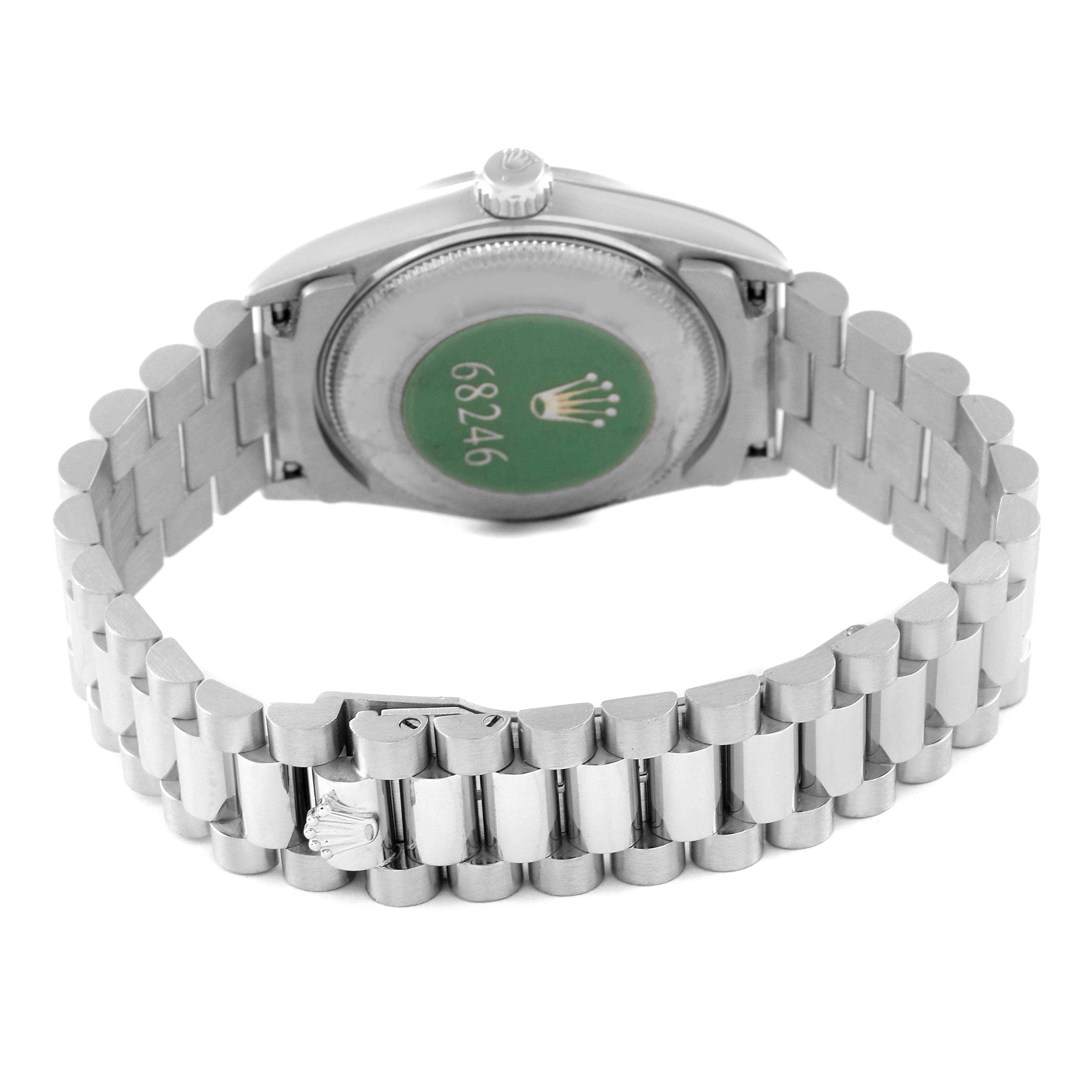 This image shows the back view of a Rolex President 68246 Women's Platinum Silver Dial 68246 Women's Platinum Silver Dial model watch, highlighting its bracelet and case back.