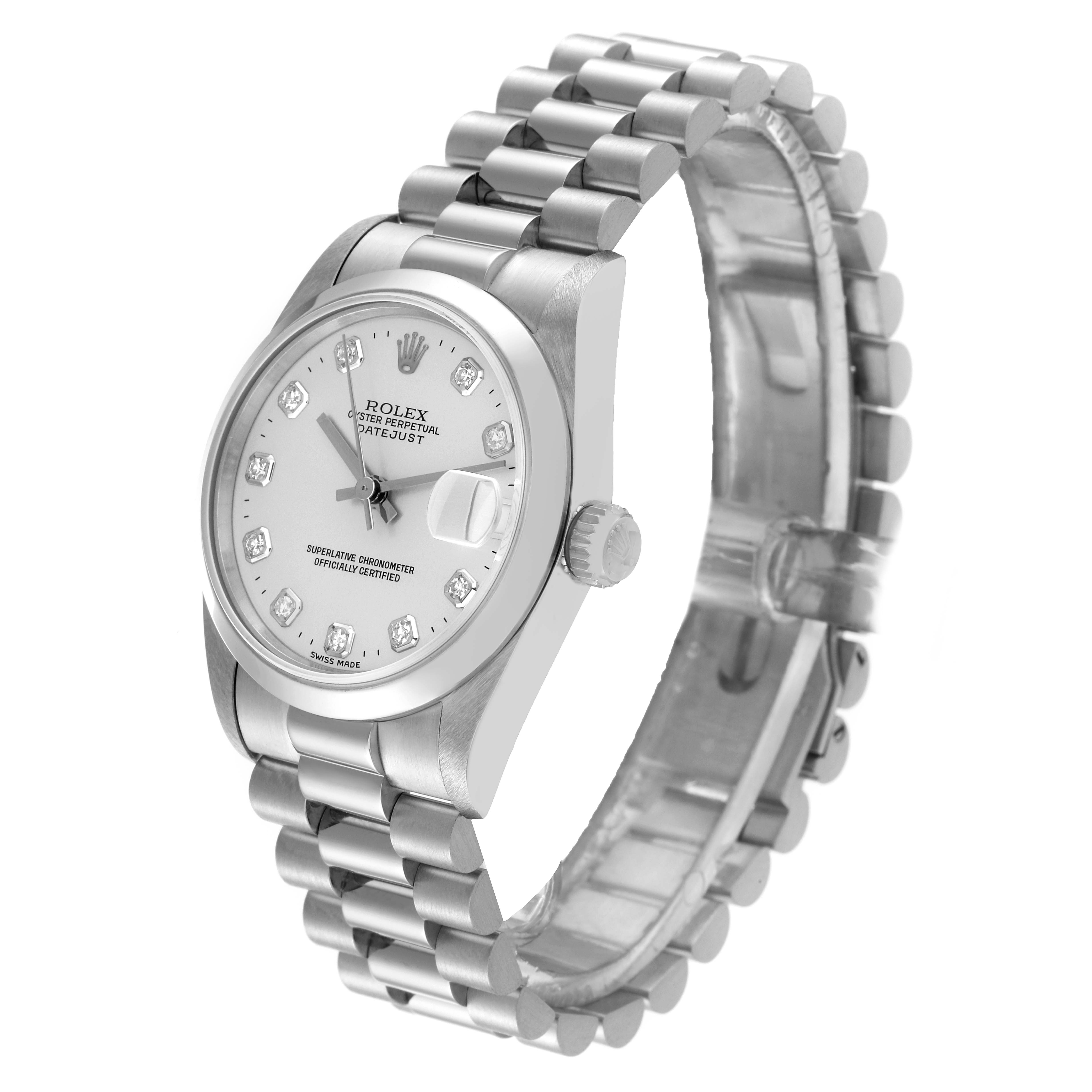 This image shows a Rolex President 68246 Women's Platinum Silver Dial 68246 Women's Platinum Silver Dial model watch in a three-quarter angle, highlighting its face, bracelet, crown, and date window.