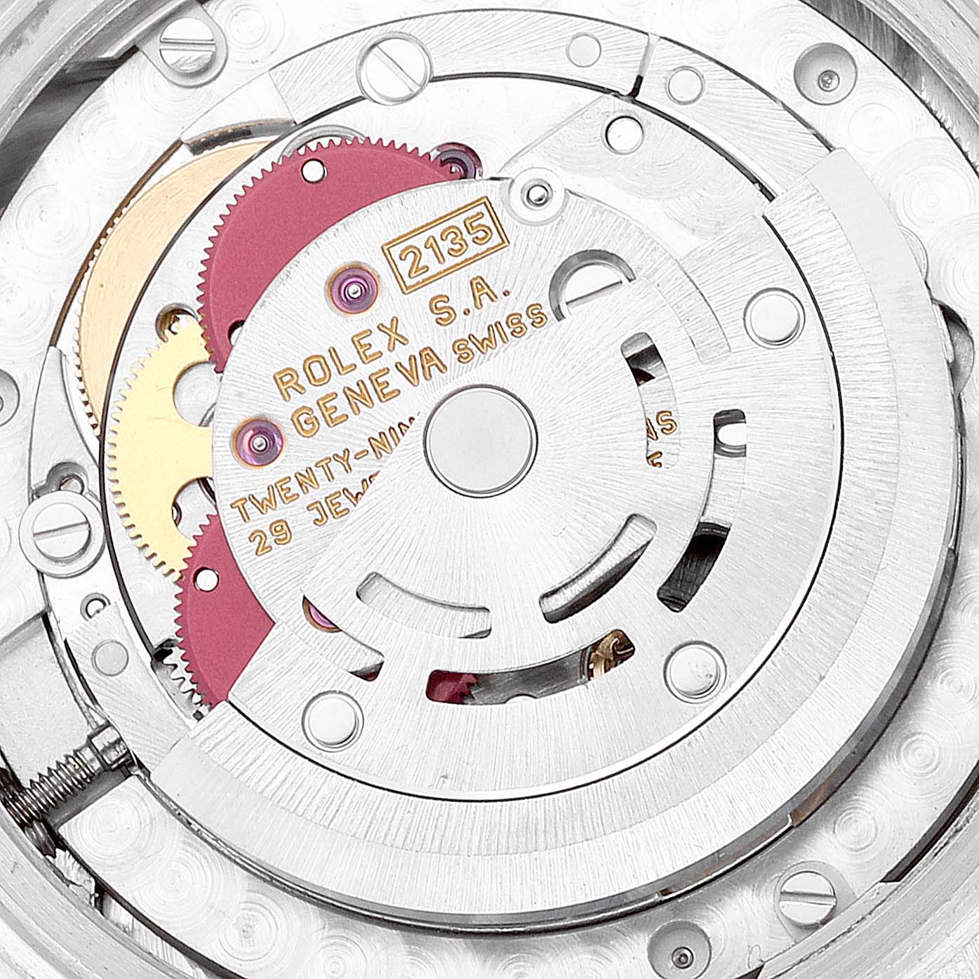 The image shows a close-up view of the inner mechanical workings of a Rolex President 68246 Women's Platinum Silver Dial 68246 Women's Platinum Silver Dial model watch.