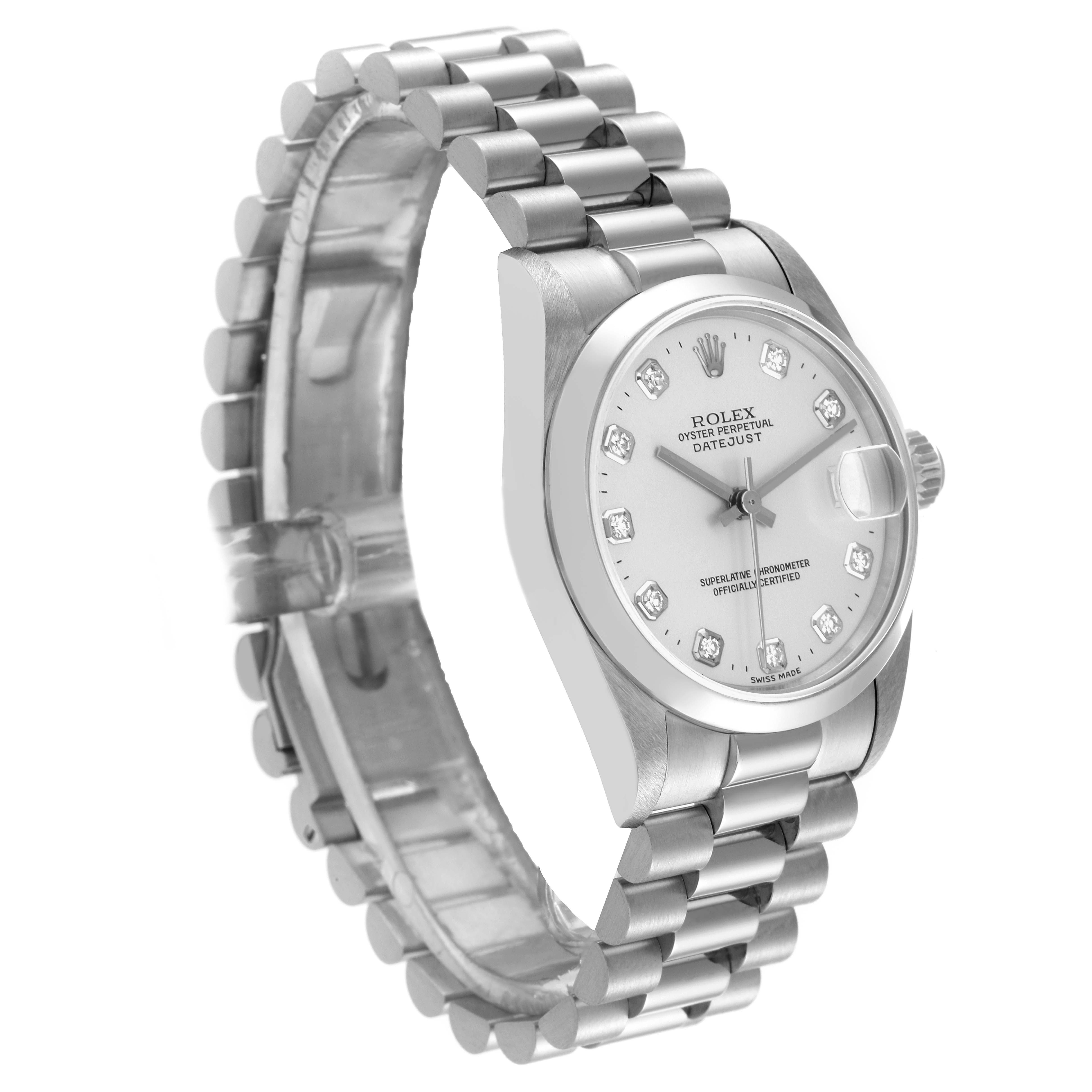 The Rolex President 68246 Women's Platinum Silver Dial 68246 Women's Platinum Silver Dial model watch is shown at a three-quarter angle displaying the bracelet, dial, and crown.