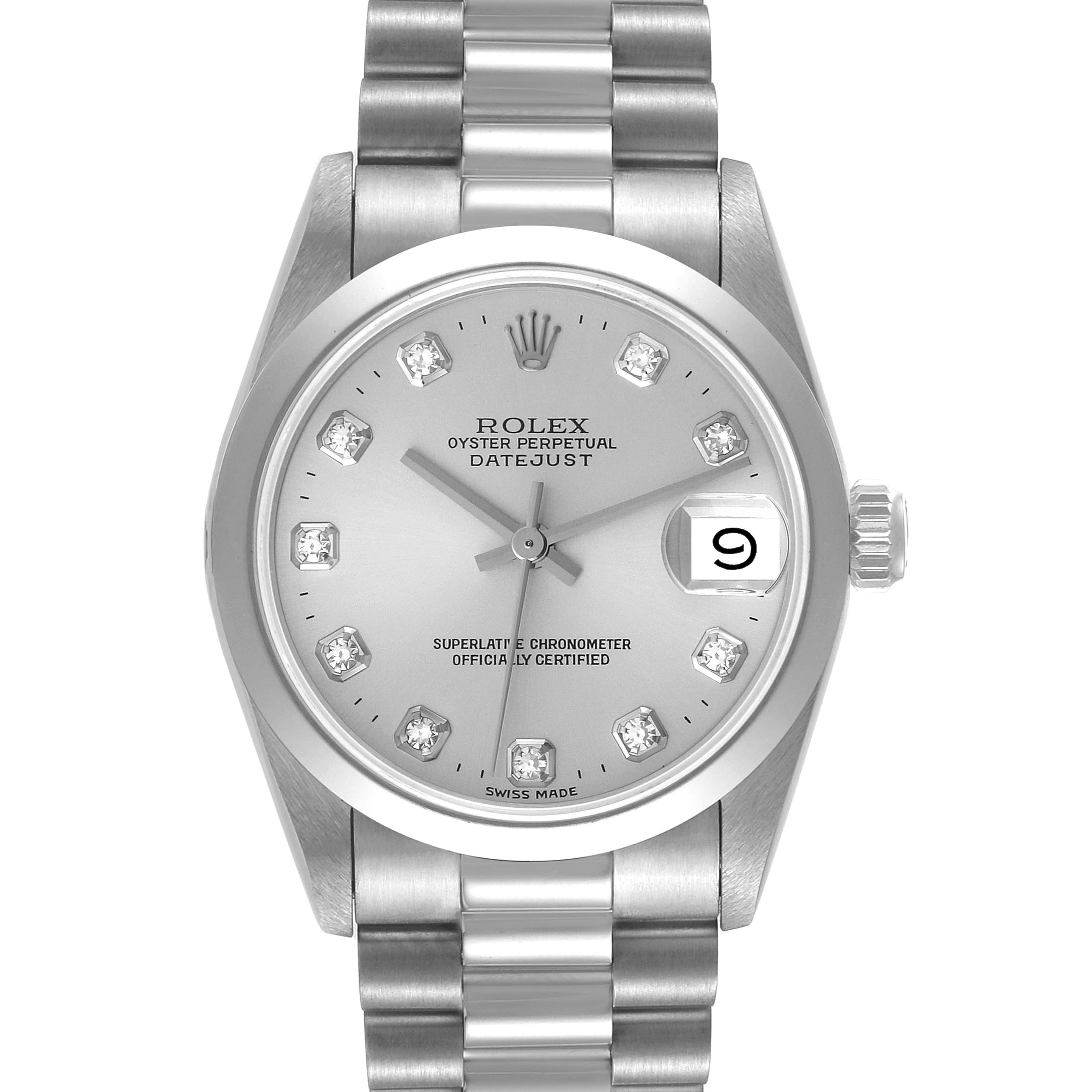 This is a front view of a Rolex President 68246 Women's Platinum Silver Dial 68246 Women's Platinum Silver Dial model Datejust watch, showing the dial, bezel, crown, and bracelet.
