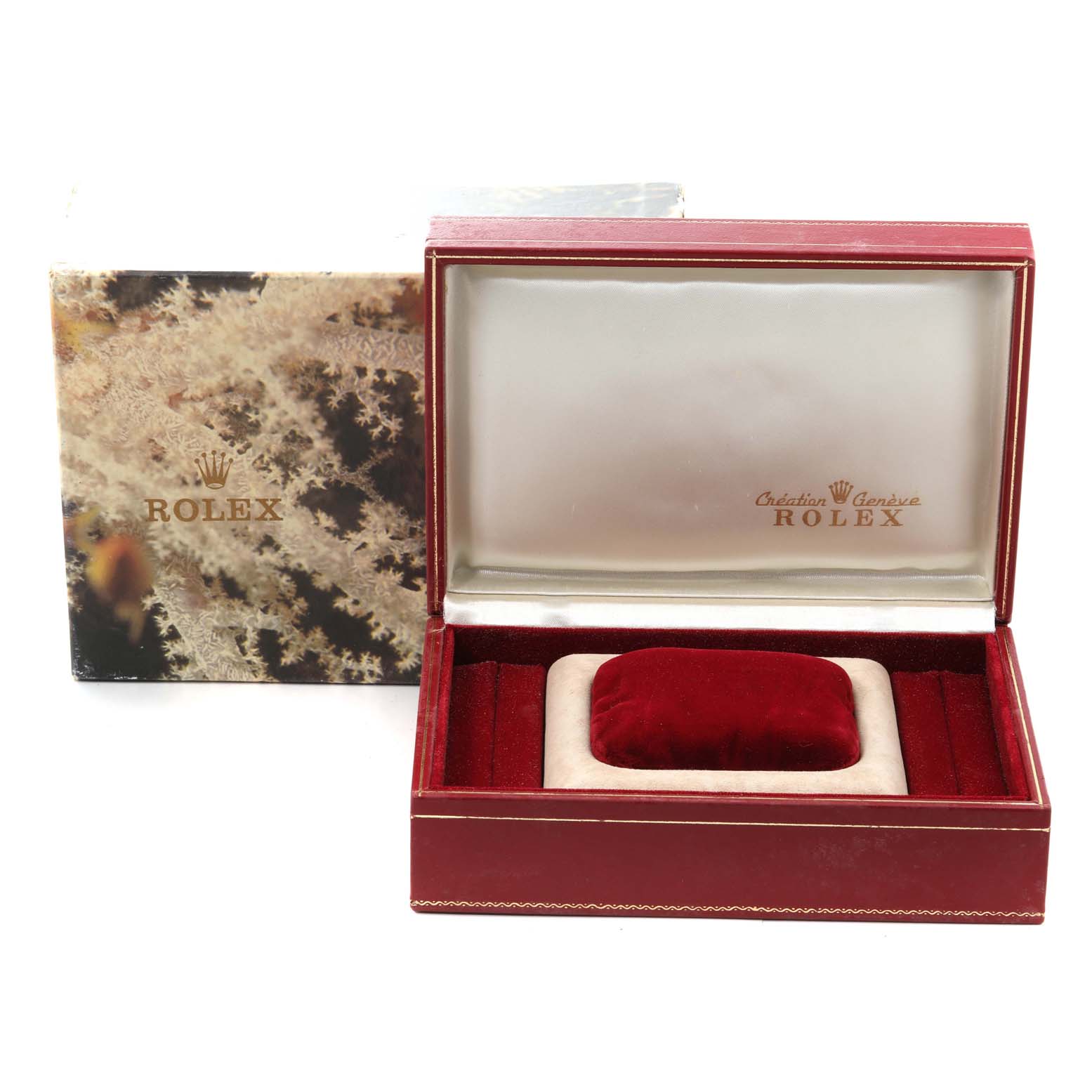 The image shows the open box and outer packaging for a Rolex President 69158 Women
s Yellow Gold Champagne Dial 69158 Women
s Yellow Gold Champagne Dial model watch.