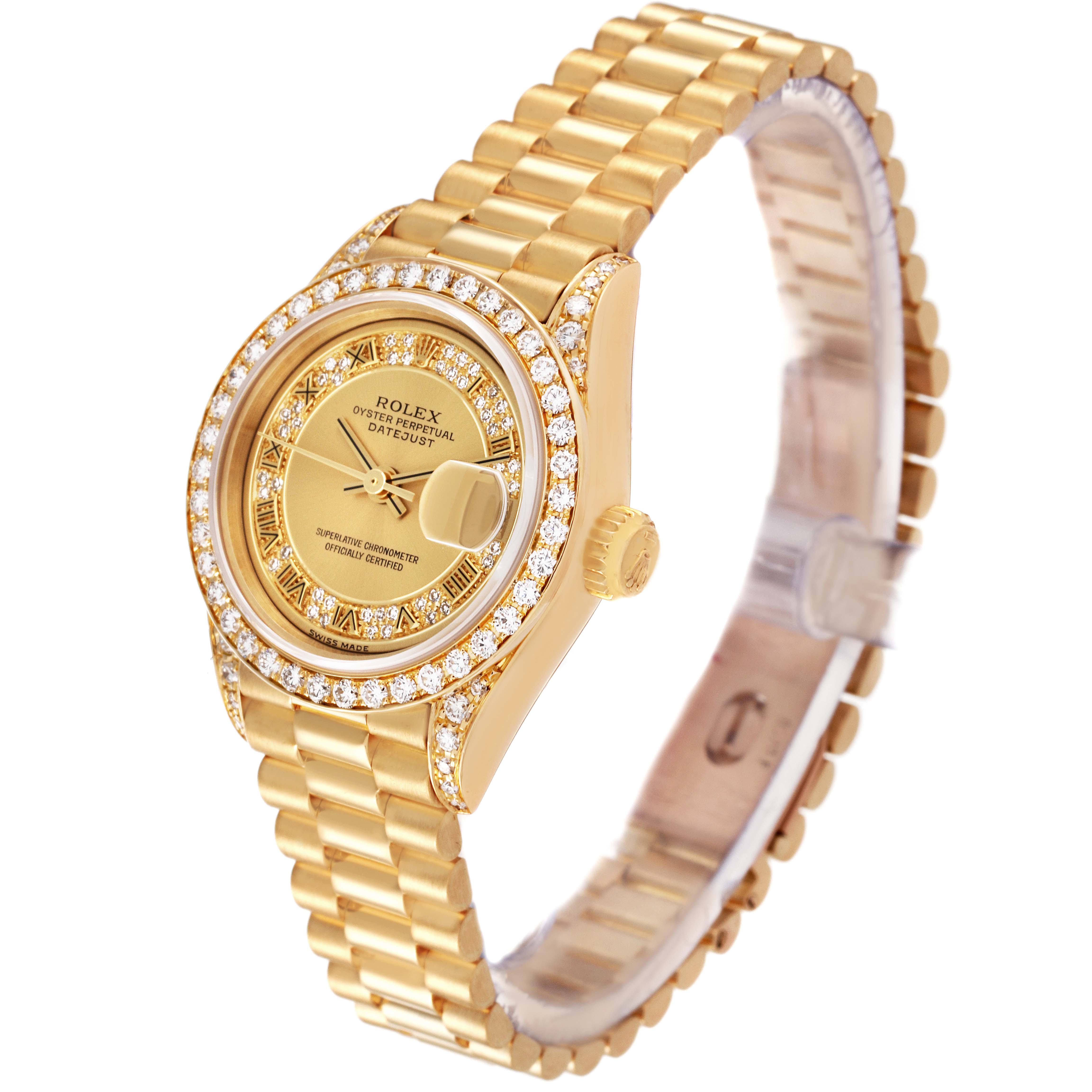 The image shows a Rolex President 69158 Women
s Yellow Gold Champagne Dial 69158 Women
s Yellow Gold Champagne Dial model watch at a 3/4 angle, displaying the face, bezel, crown, and bracelet.