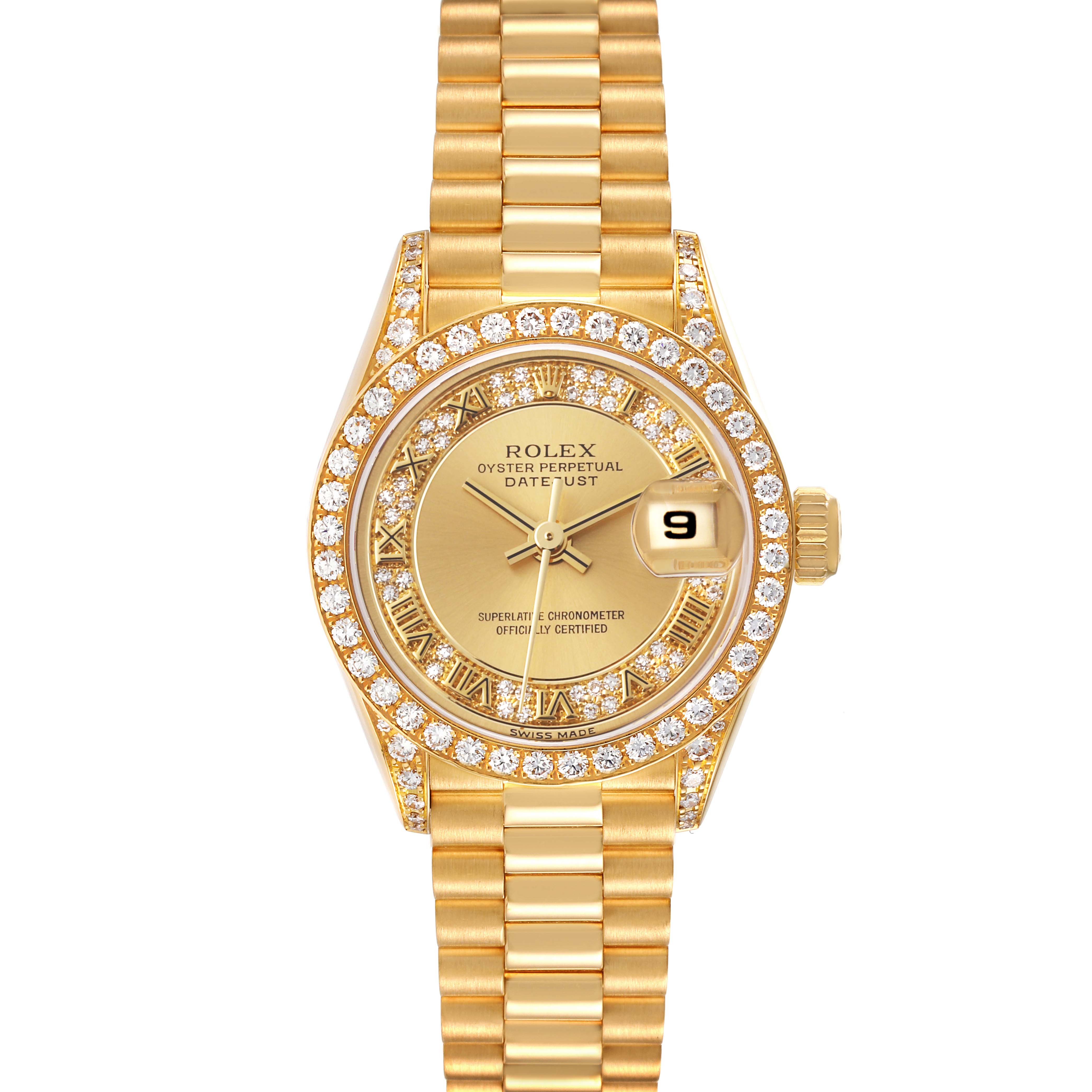 The image shows a Rolex President 69158 Women
s Yellow Gold Champagne Dial 69158 Women
s Yellow Gold Champagne Dial model watch front-on, highlighting its gold bracelet, diamond bezel, and the dial with a date display.