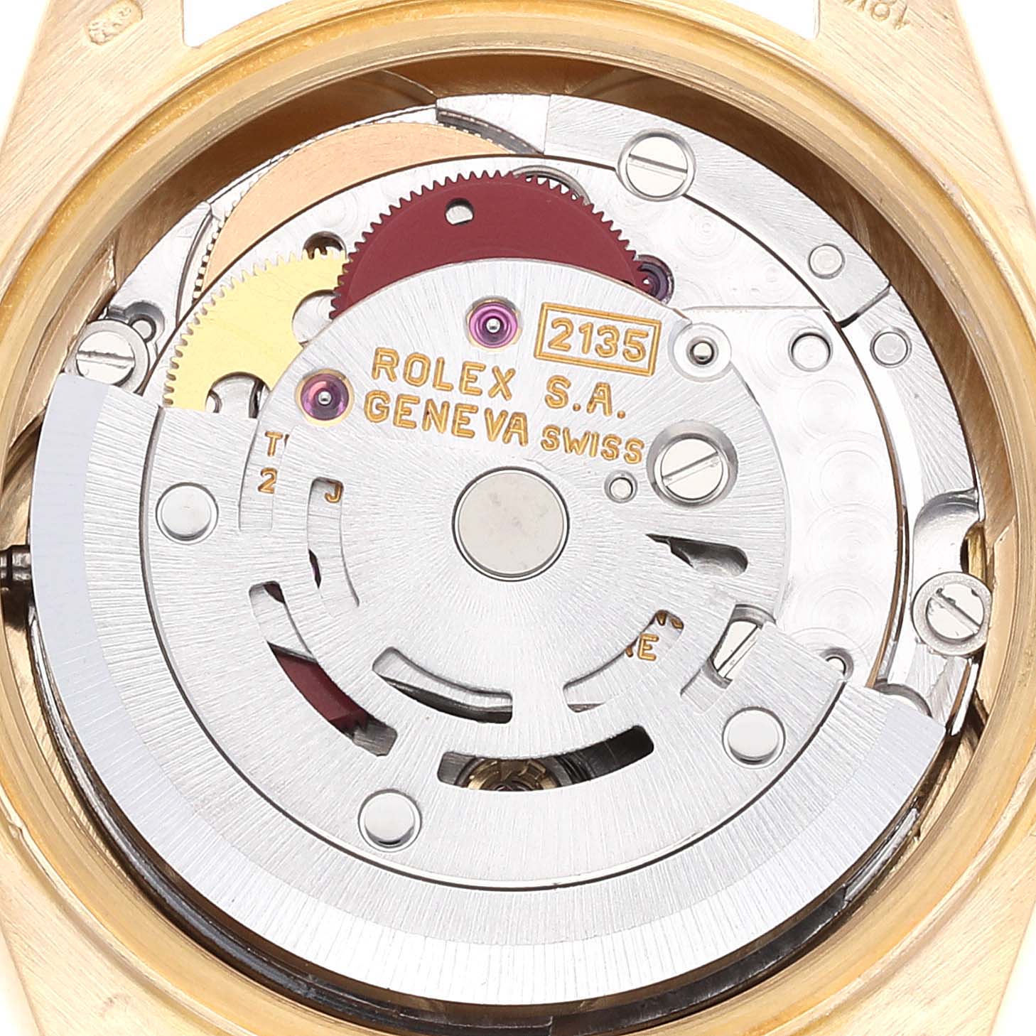The image shows the movement mechanism of a Rolex President 69158 Women
s Yellow Gold Champagne Dial 69158 Women
s Yellow Gold Champagne Dial model watch from an overhead angle.