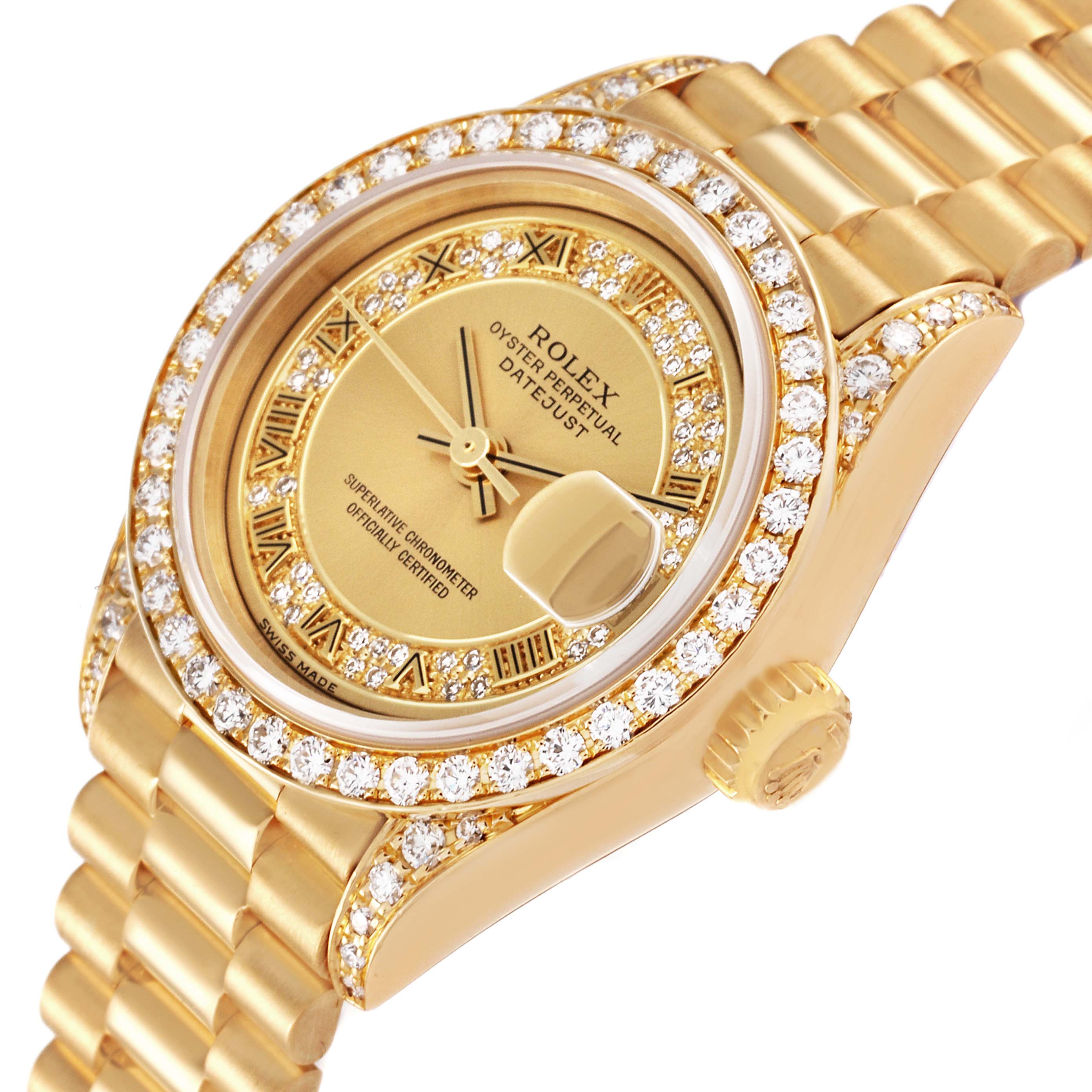 The image shows a close-up angle of a Rolex President 69158 Women
s Yellow Gold Champagne Dial 69158 Women
s Yellow Gold Champagne Dial model, highlighting the gold dial, bezel with diamonds, and the bracelet.