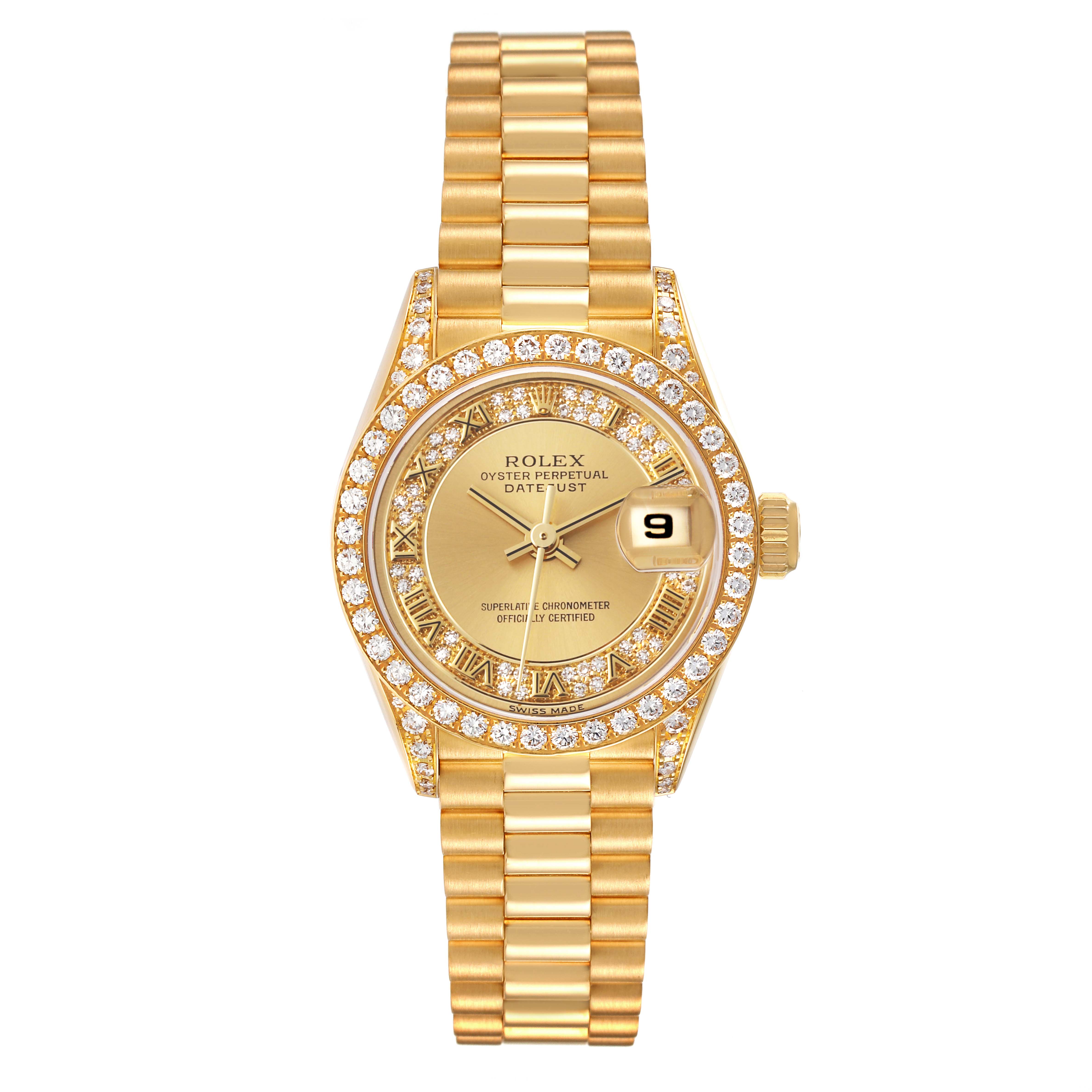 This image shows a frontal view of the Rolex President 69158 Women
s Yellow Gold Champagne Dial 69158 Women
s Yellow Gold Champagne Dial model watch, featuring a diamond bezel, gold dial, and President bracelet.