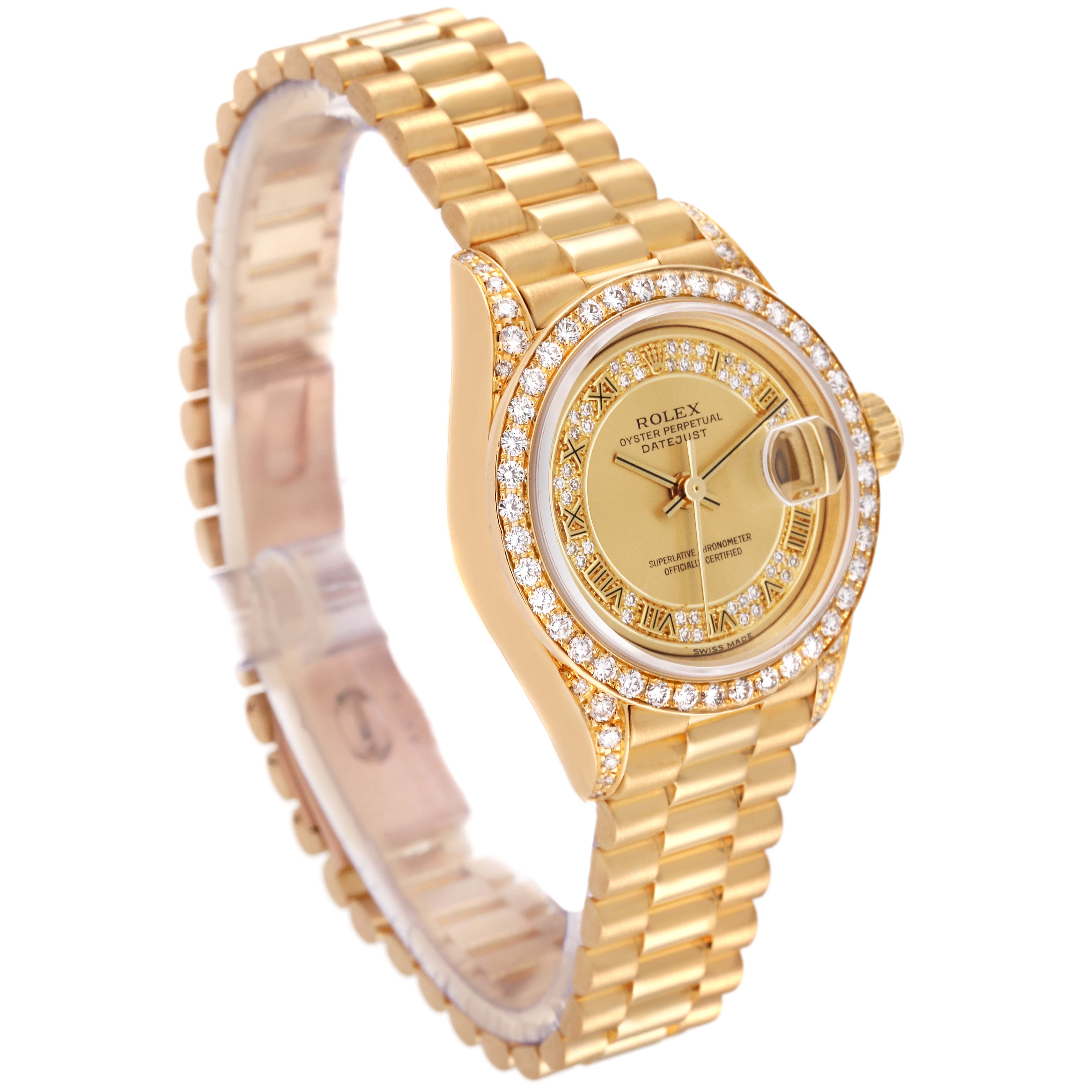 The Rolex President 69158 Women
s Yellow Gold Champagne Dial 69158 Women
s Yellow Gold Champagne Dial model watch is shown at a slight angle, highlighting the gold bracelet, diamond bezel, and face.