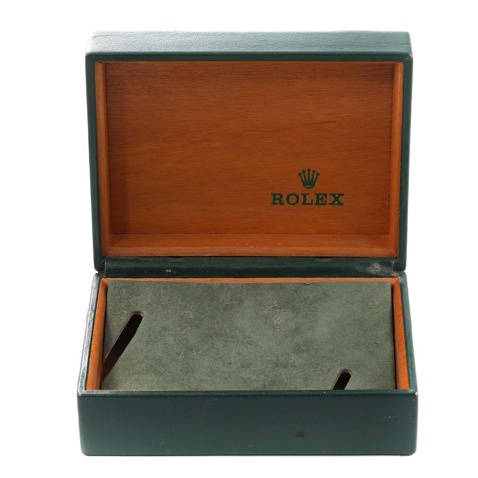 The image shows an open Rolex Vintage Collection 1601 Men's Stainless Steel Silver Dial 1601 Men's Stainless Steel Silver Dial watch box, showcasing the brand logo inside the wooden interior.