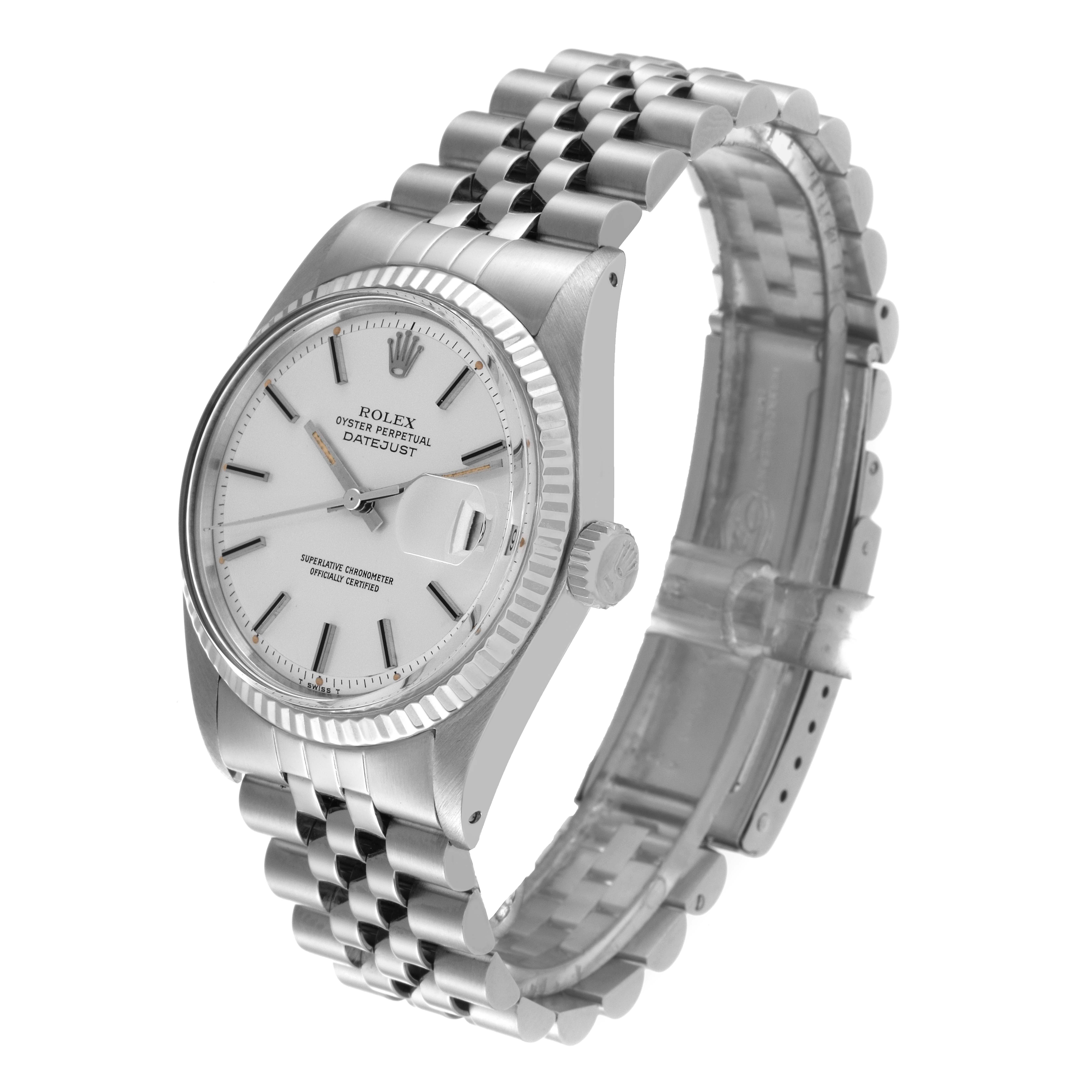 This image shows a side and angled view of the Rolex Vintage Collection 1601 Men's Stainless Steel Silver Dial 1601 Men's Stainless Steel Silver Dial model watch, featuring its bracelet, crown, dial, and bezel.