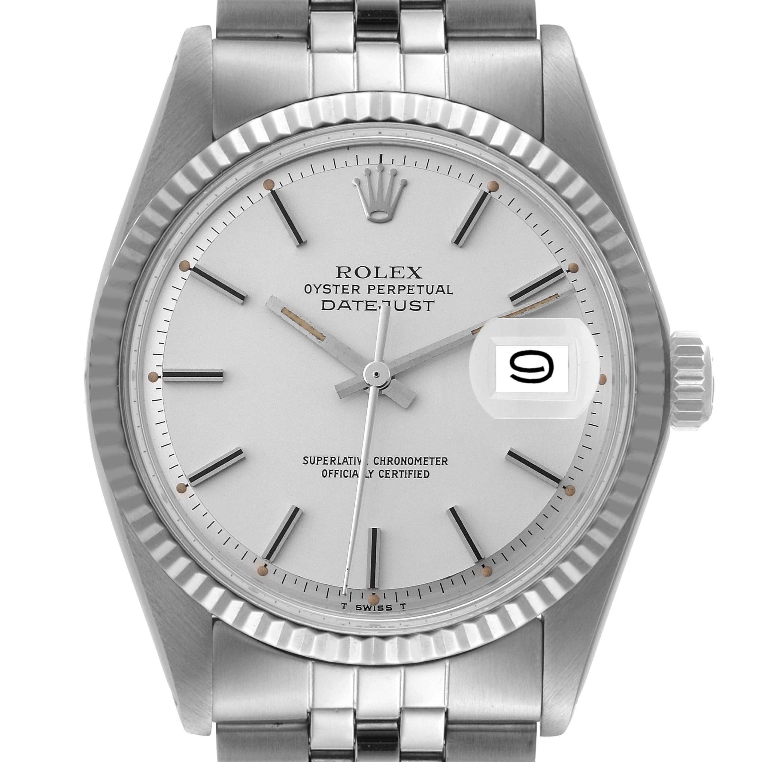 The image shows a front view of a Rolex Datejust watch from the Vintage Collection, displaying the dial, hour markers, and date window.