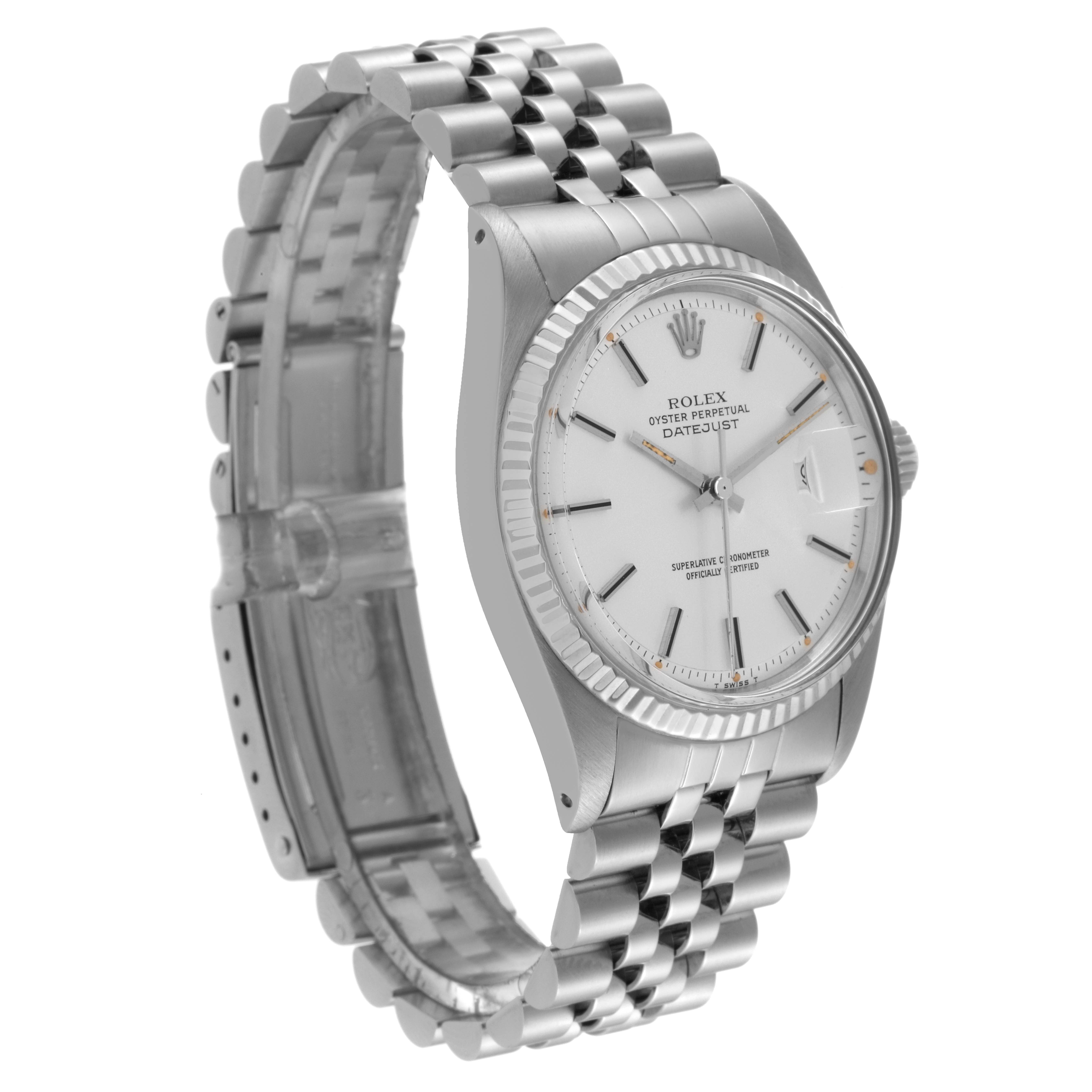 This image shows a side view of the Rolex Vintage Collection 1601 Men's Stainless Steel Silver Dial 1601 Men's Stainless Steel Silver Dial model, highlighting the watch face, bezel, bracelet, and crown.