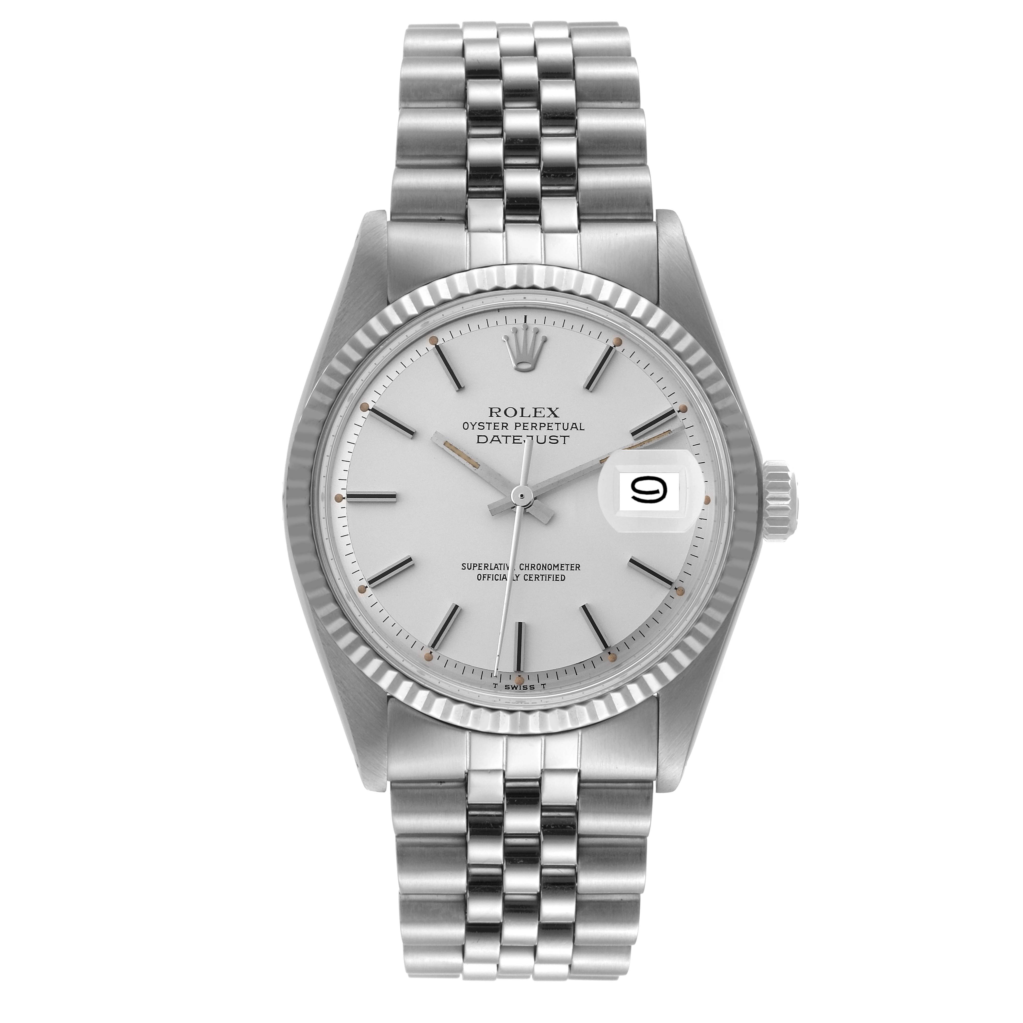 The Rolex Vintage Collection 1601 Men's Stainless Steel Silver Dial 1601 Men's Stainless Steel Silver Dial Datejust watch is shown from the front, displaying its silver dial, date window, and Jubilee bracelet.