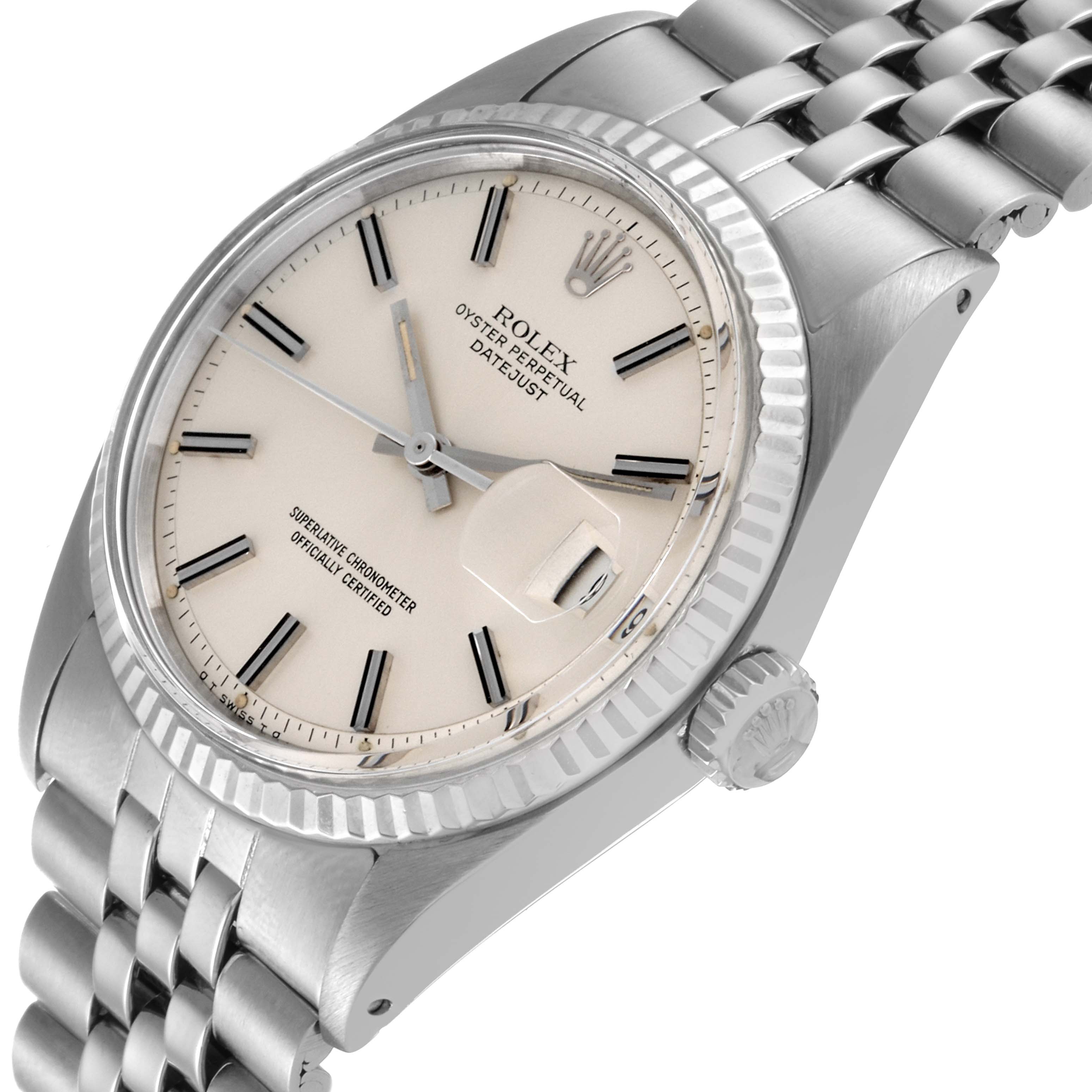The image shows a close-up angled view of the Rolex Vintage Collection 1601 Men's Stainless Steel Silver Dial 1601 Men's Stainless Steel Silver Dial watch, highlighting the dial, bezel, and part of the bracelet.