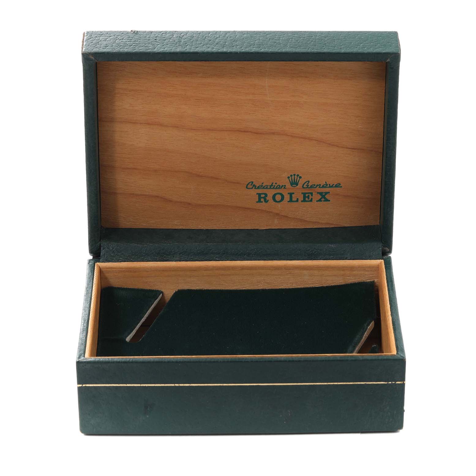 This image shows an open Rolex Vintage Collection 1601 Men's Stainless Steel Silver Dial 1601 Men's Stainless Steel Silver Dial watch box, displaying its interior.