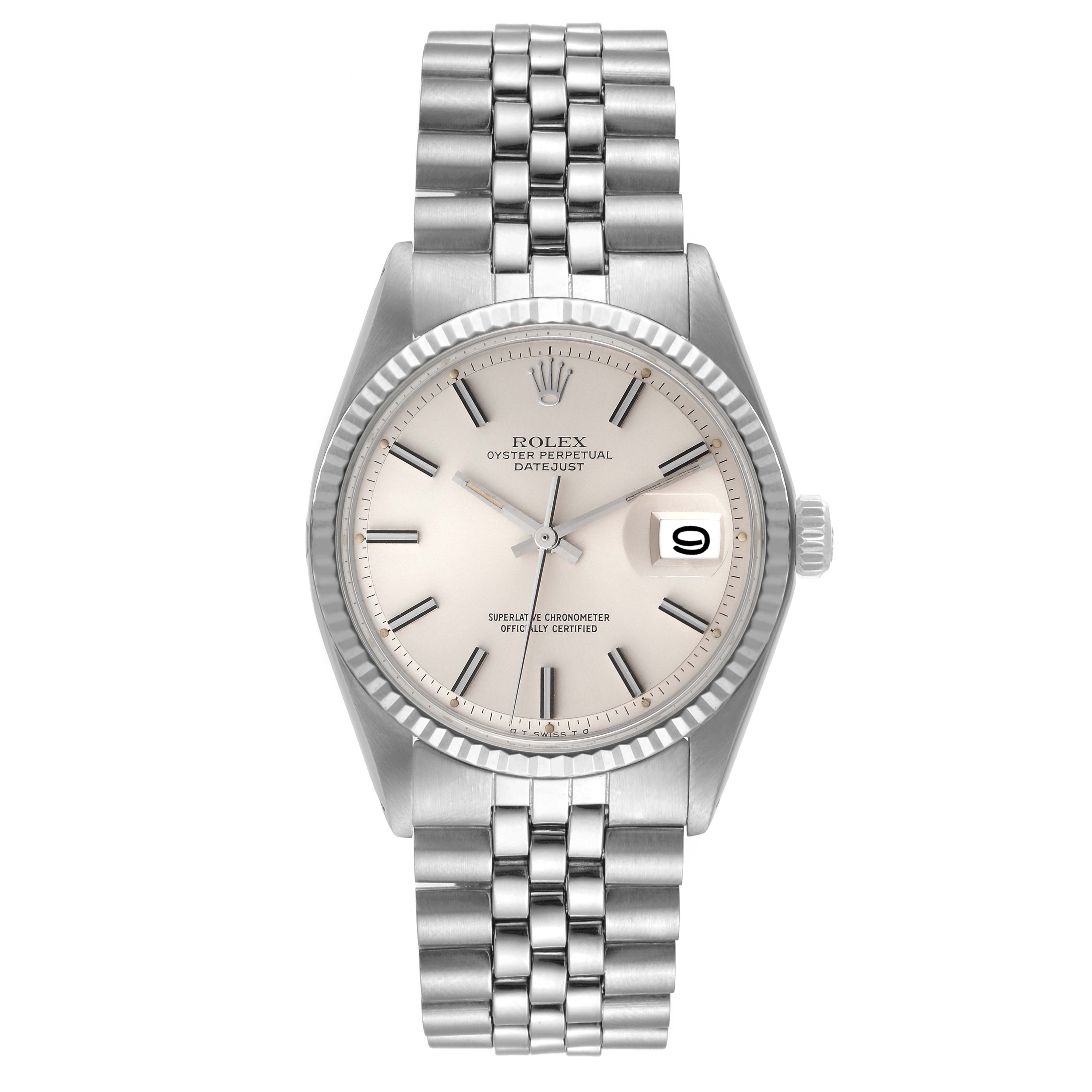 The Rolex Vintage Collection 1601 Men's Stainless Steel Silver Dial 1601 Men's Stainless Steel Silver Dial watch is shown from a front angle, displaying its face, bezel, bracelet, and date window.