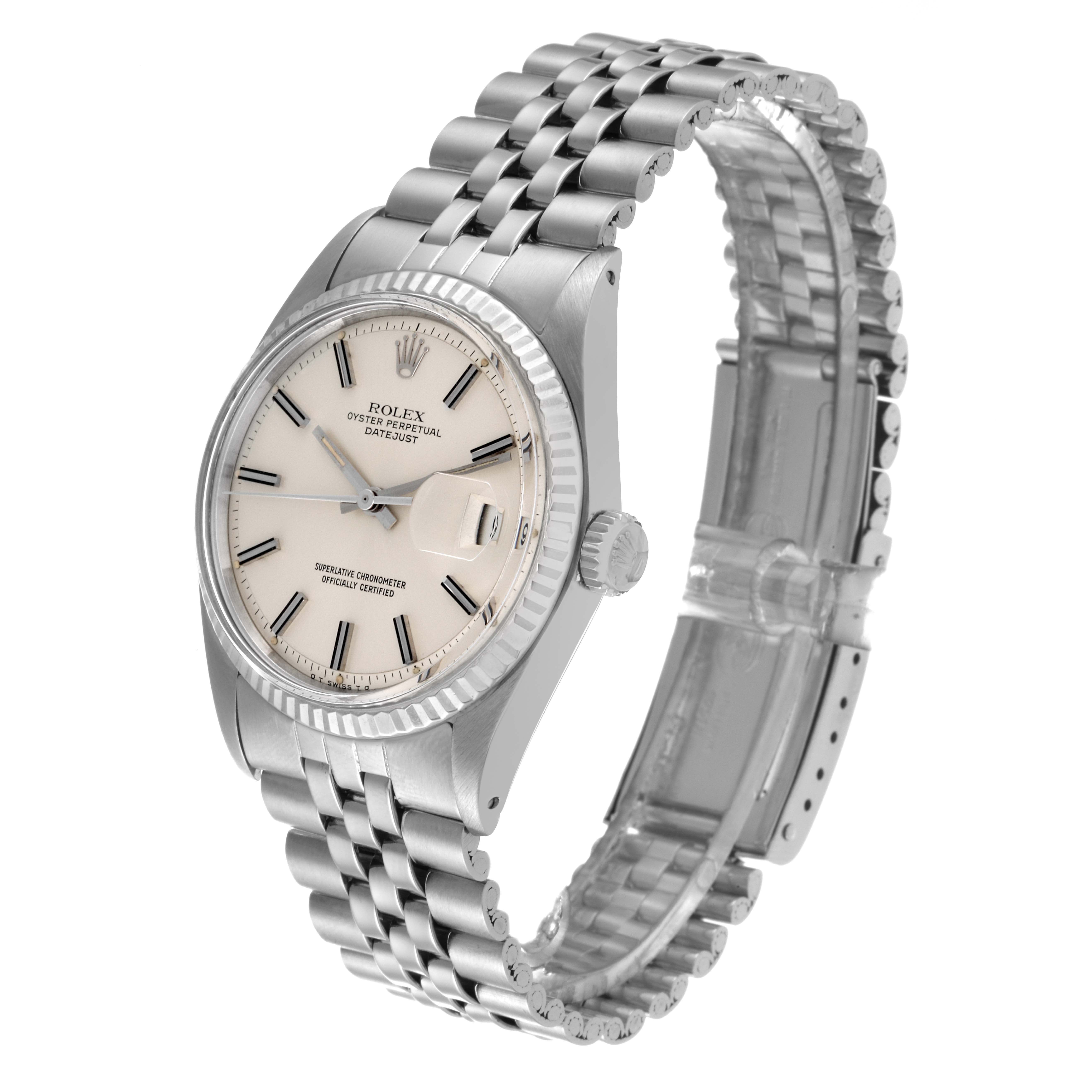 The watch is shown at an angle displaying the face, bezel, crown, and bracelet of the Rolex Vintage Collection 1601 Men's Stainless Steel Silver Dial 1601 Men's Stainless Steel Silver Dial model.