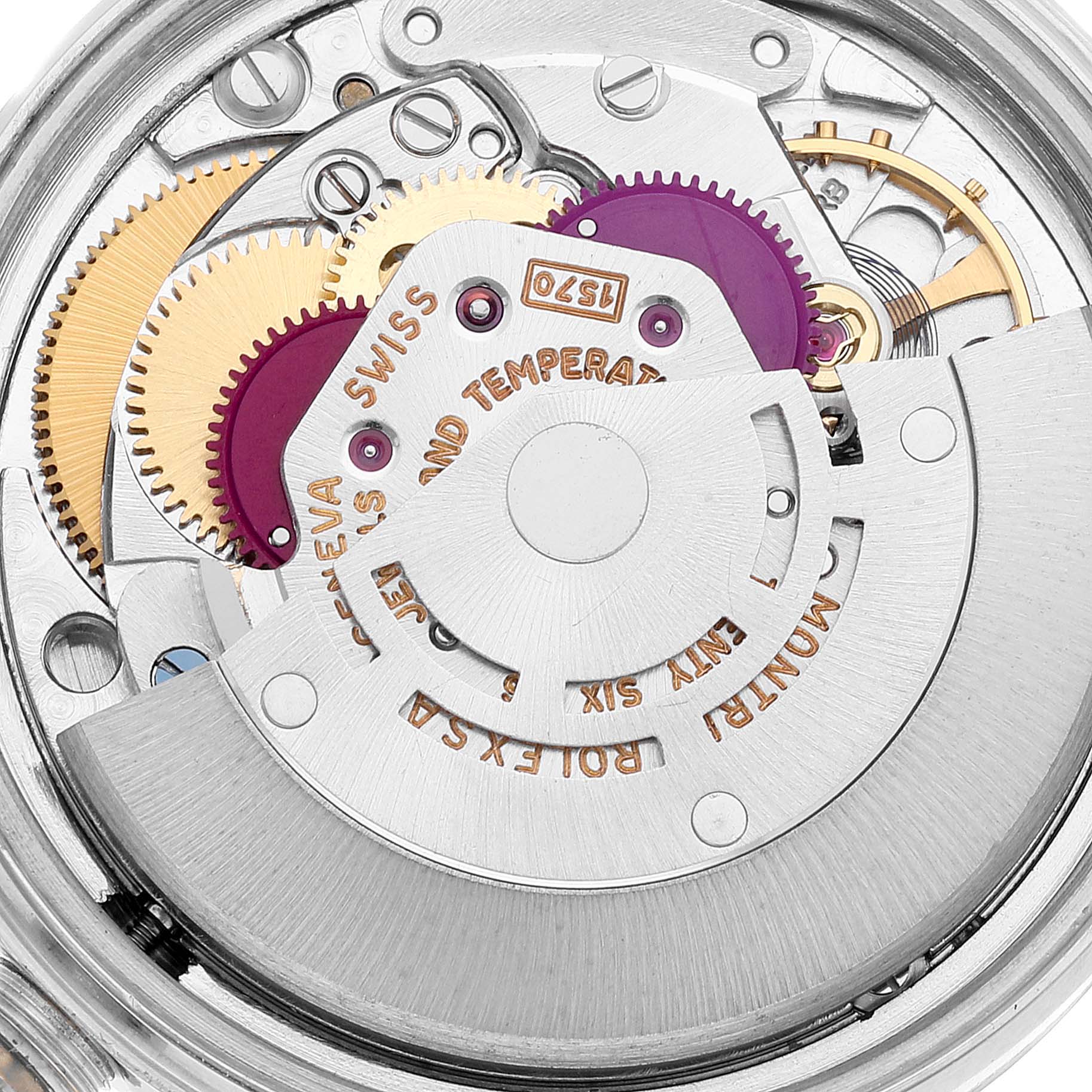 The image shows a close-up of the movement inside a Rolex Vintage Collection 1601 Men's Stainless Steel Silver Dial 1601 Men's Stainless Steel Silver Dial model, highlighting gears and intricate components.