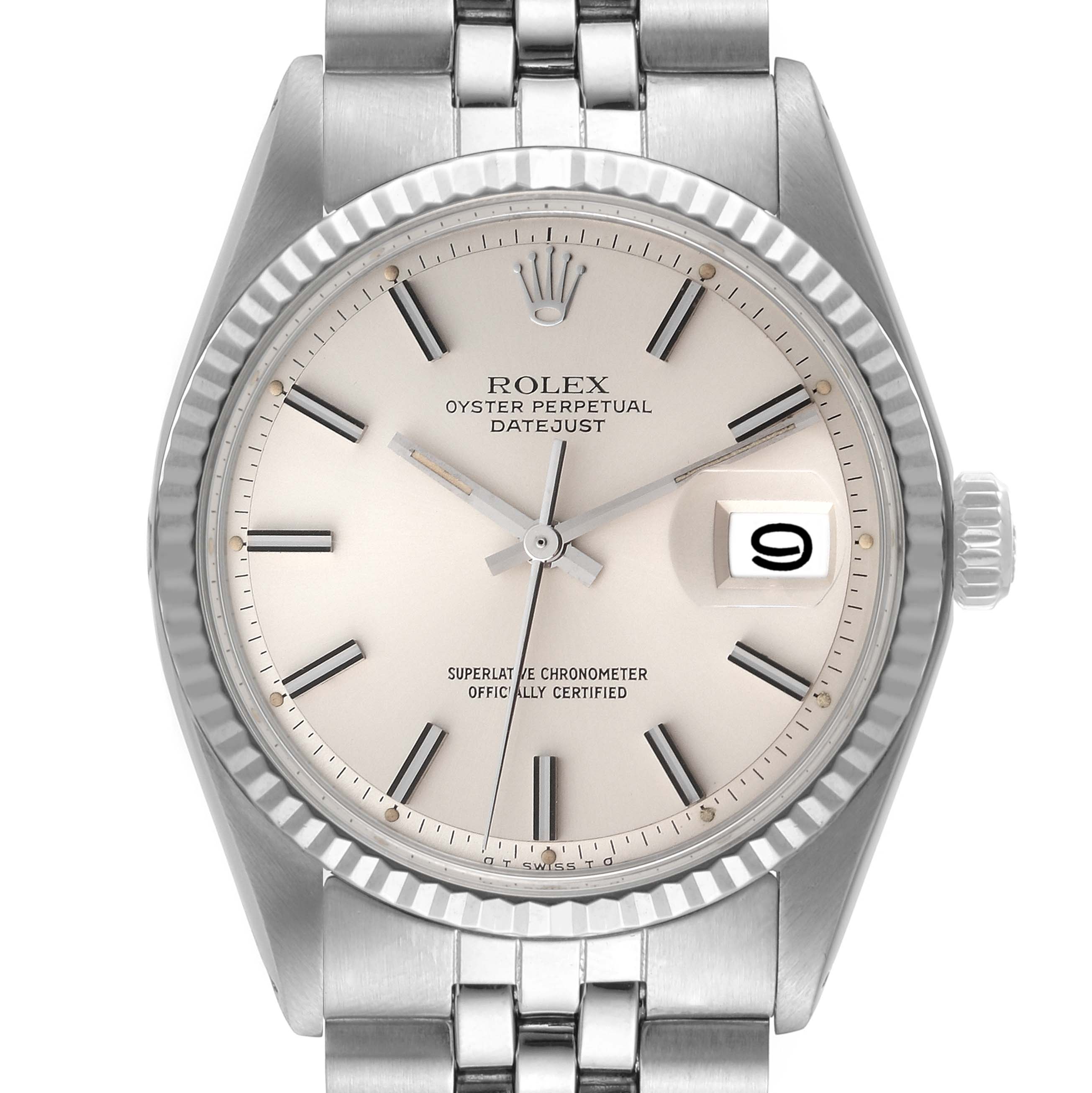 The image shows a front view of a Rolex Vintage Collection 1601 Men's Stainless Steel Silver Dial 1601 Men's Stainless Steel Silver Dial Datejust, highlighting the dial, bezel, crown, and bracelet.