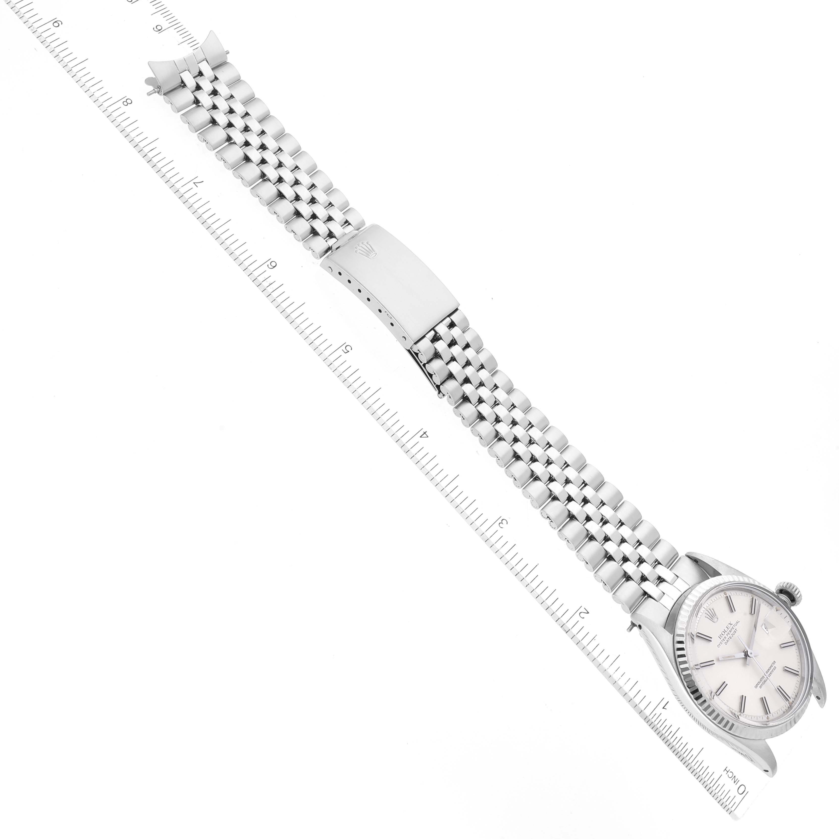 The image shows a Rolex Vintage Collection 1601 Men's Stainless Steel Silver Dial 1601 Men's Stainless Steel Silver Dial watch from an angled top view, displaying the face, bezel, and metal bracelet with a clasp.