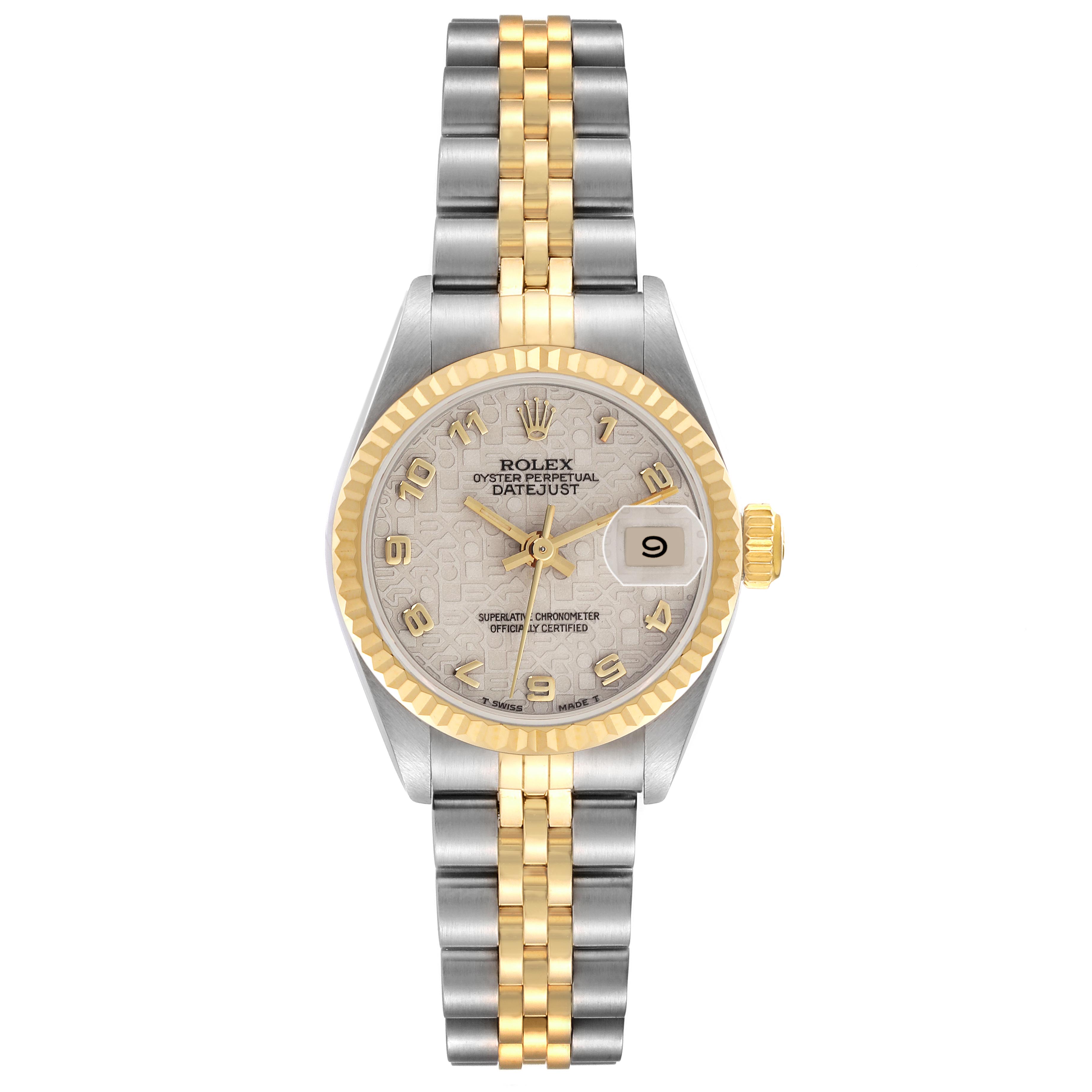 The Rolex Datejust 69173 Women
s Steel and Gold (two tone) White Dial 69173 Women
s Steel and Gold (two tone) White Dial watch is shown from a top-down angle, highlighting its dial, bezel, and bracelet.