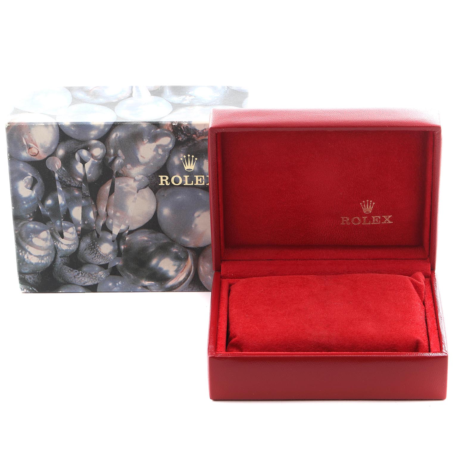 The image shows a Rolex Datejust 69173 Women
s Steel and Gold (two tone) White Dial 69173 Women
s Steel and Gold (two tone) White Dial watch box and packaging, featuring a red interior and decorative outer box.