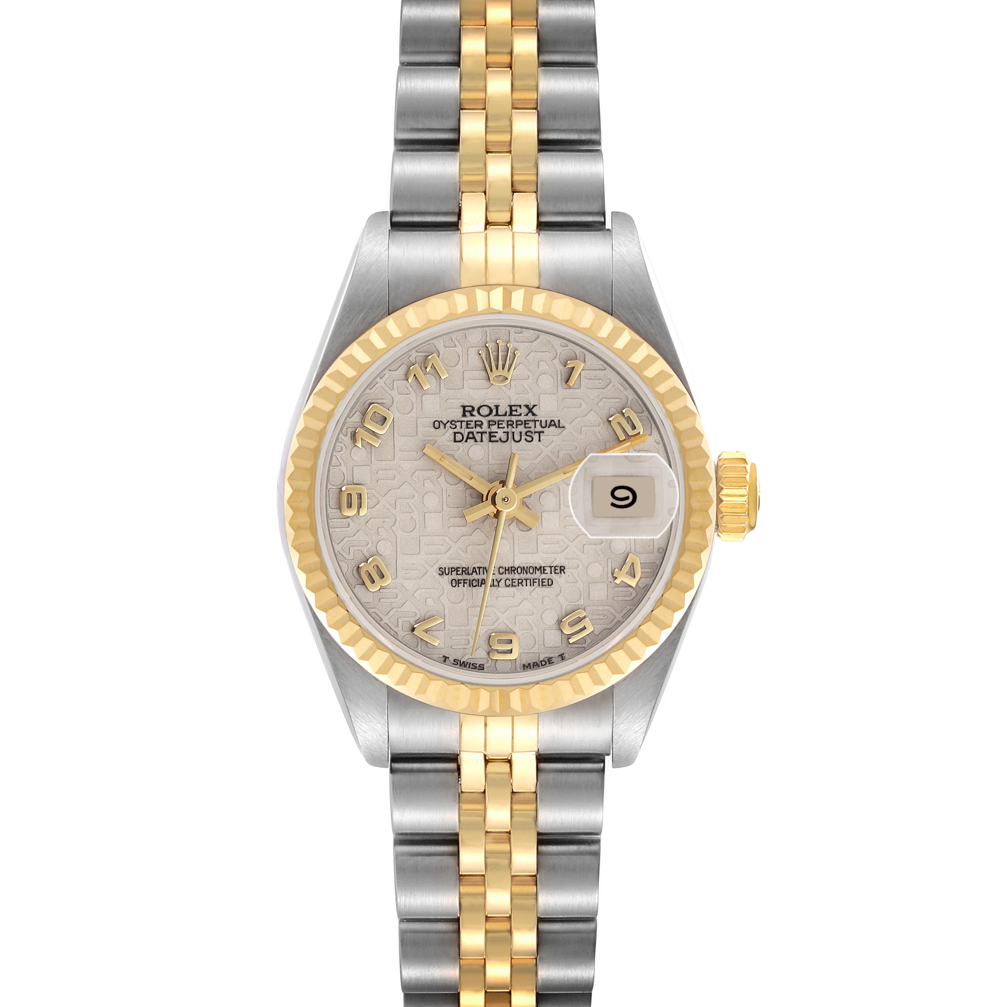 The Rolex Datejust 69173 Women
s Steel and Gold (two tone) White Dial 69173 Women
s Steel and Gold (two tone) White Dial watch is shown from the front, highlighting its dial, bezel, bracelet, and crown.