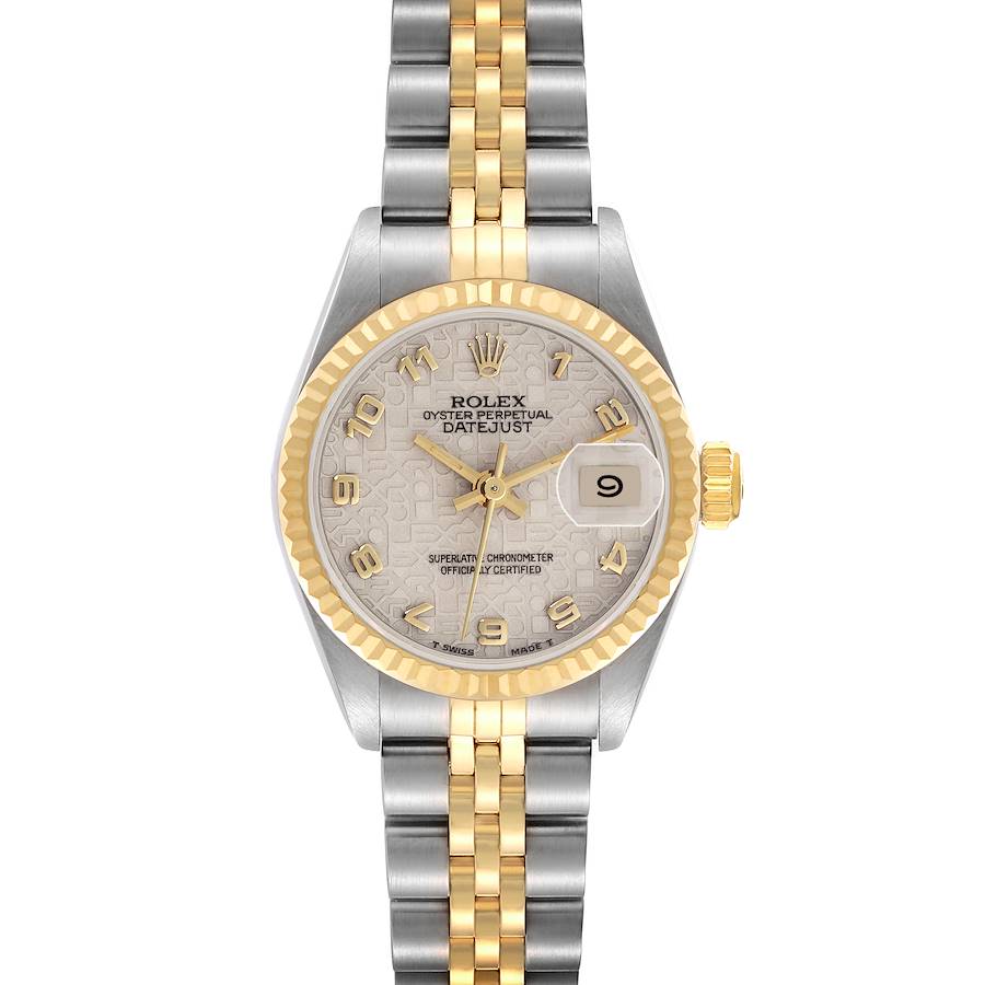 The Rolex Datejust watch is shown from the front, highlighting its dial, bezel, bracelet, and crown.
