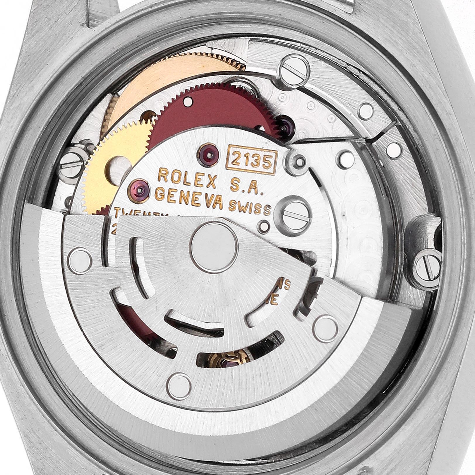 The image shows the movement of a Rolex Datejust 69173 Women
s Steel and Gold (two tone) White Dial 69173 Women
s Steel and Gold (two tone) White Dial watch from a top-down angle, revealing the internal mechanics and rotor.