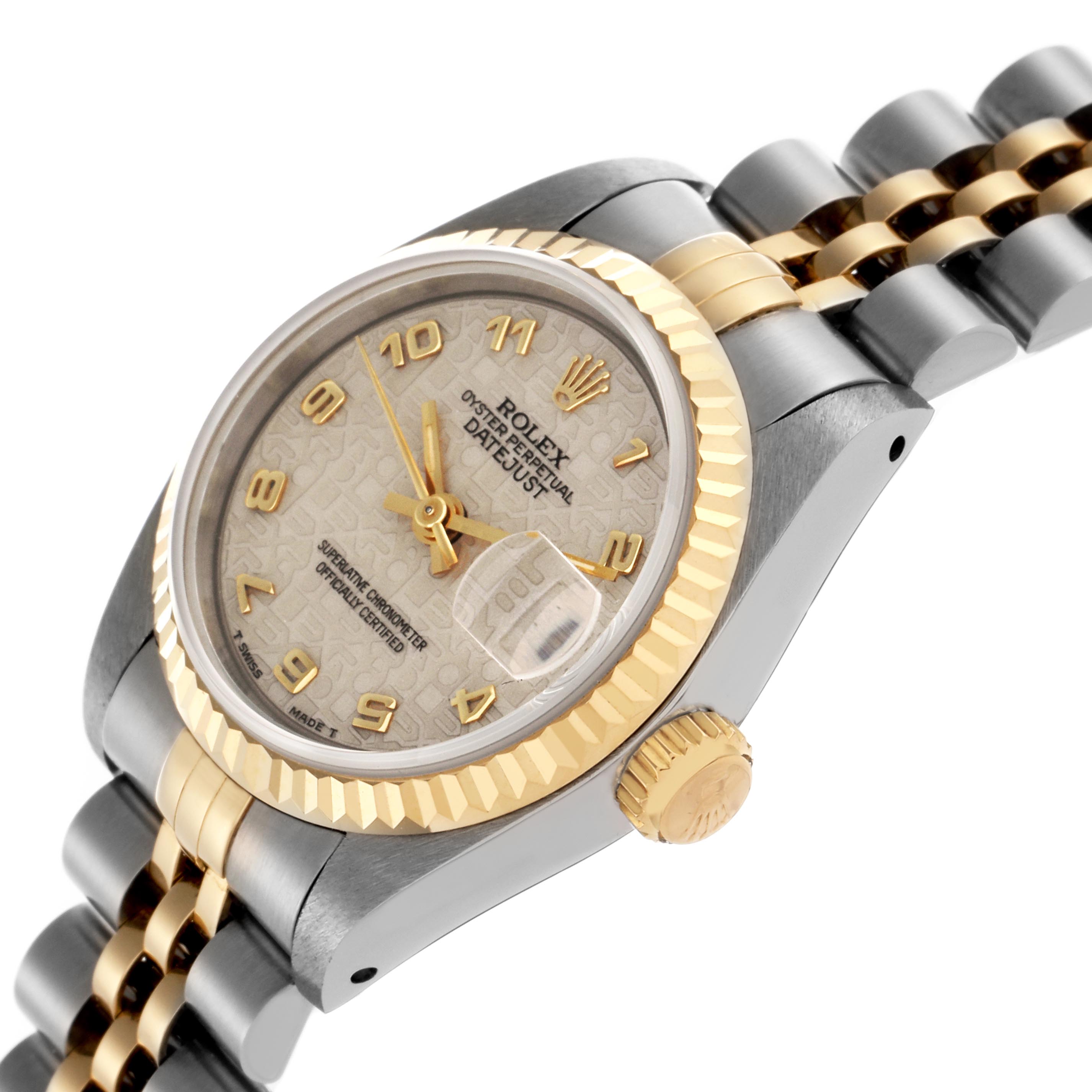 The Rolex Datejust 69173 Women
s Steel and Gold (two tone) White Dial 69173 Women
s Steel and Gold (two tone) White Dial watch is shown at an angled view, highlighting the dial, bezel, crown, and part of the bracelet.