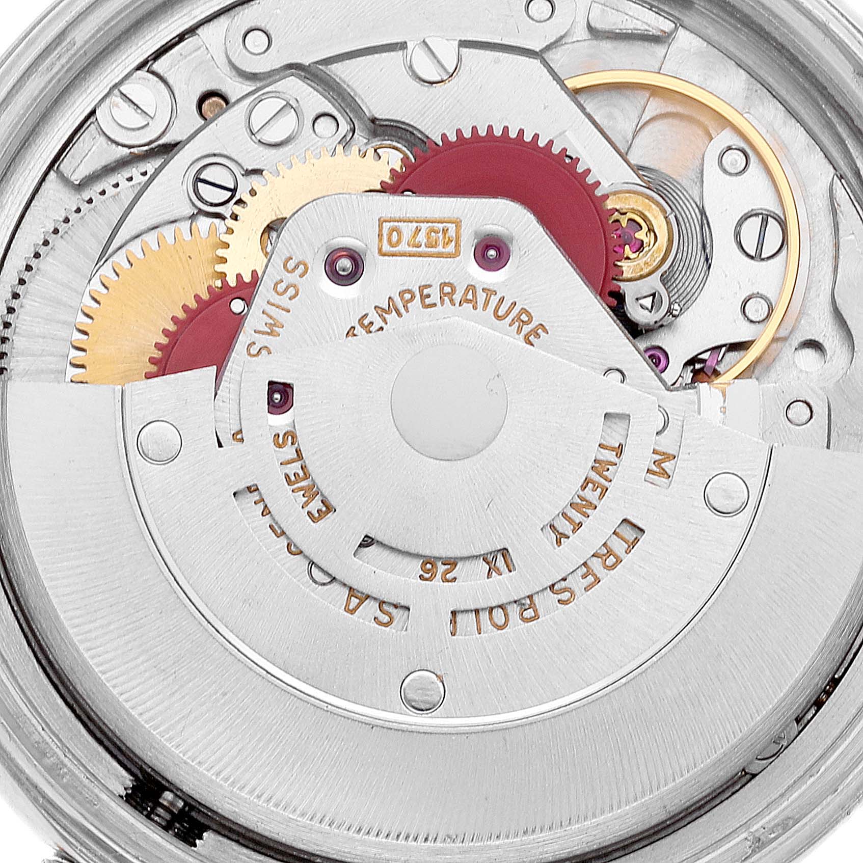 This image shows the inner mechanical movement parts of the Rolex Vintage Collection 1601 Men's Steel and Gold (two tone) Black Dial 1601 Men's Steel and Gold (two tone) Black Dial model watch from a close-up angle.