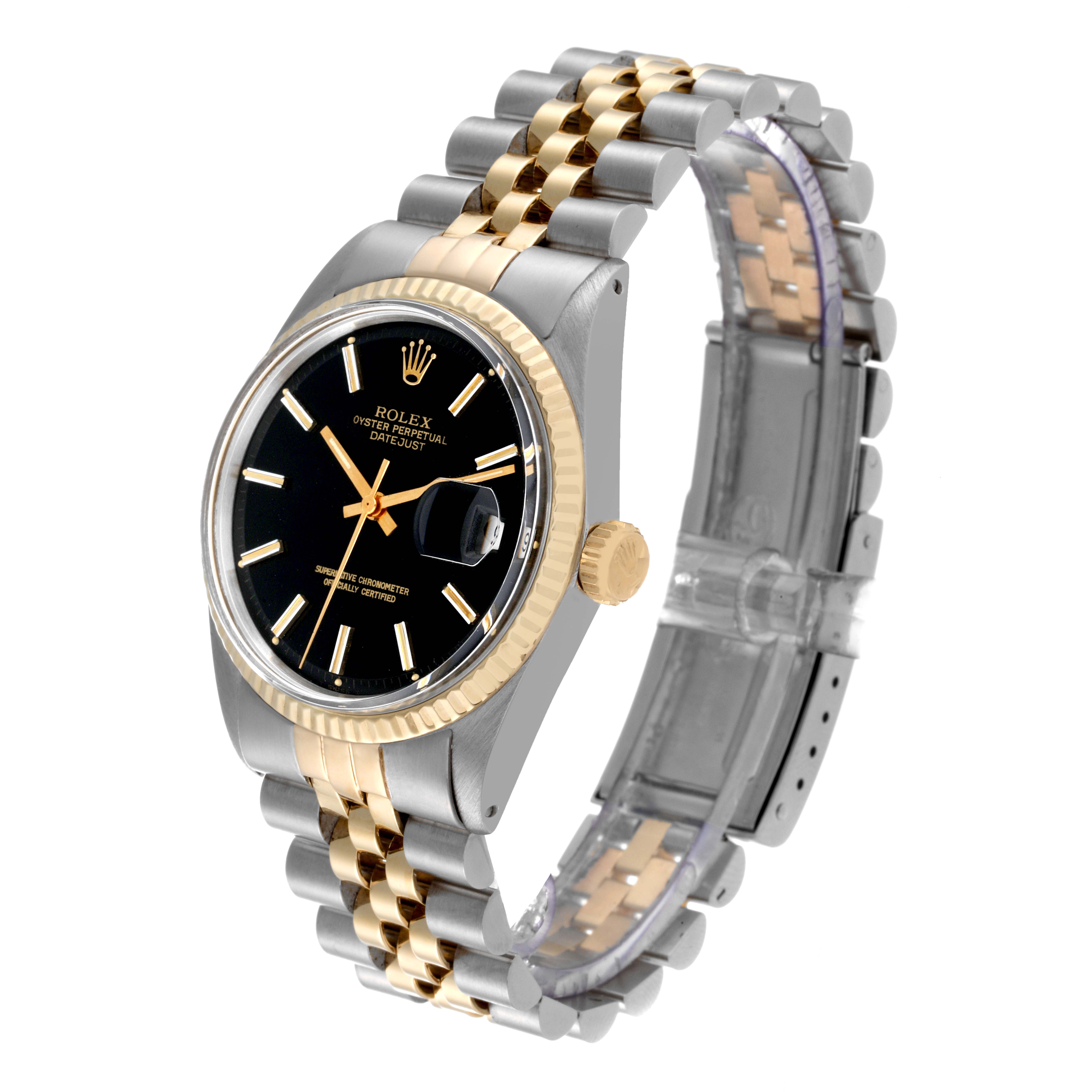 The image shows a Rolex Vintage Collection 1601 Men's Steel and Gold (two tone) Black Dial 1601 Men's Steel and Gold (two tone) Black Dial model watch angled to display its face, crown, and two-tone bracelet.