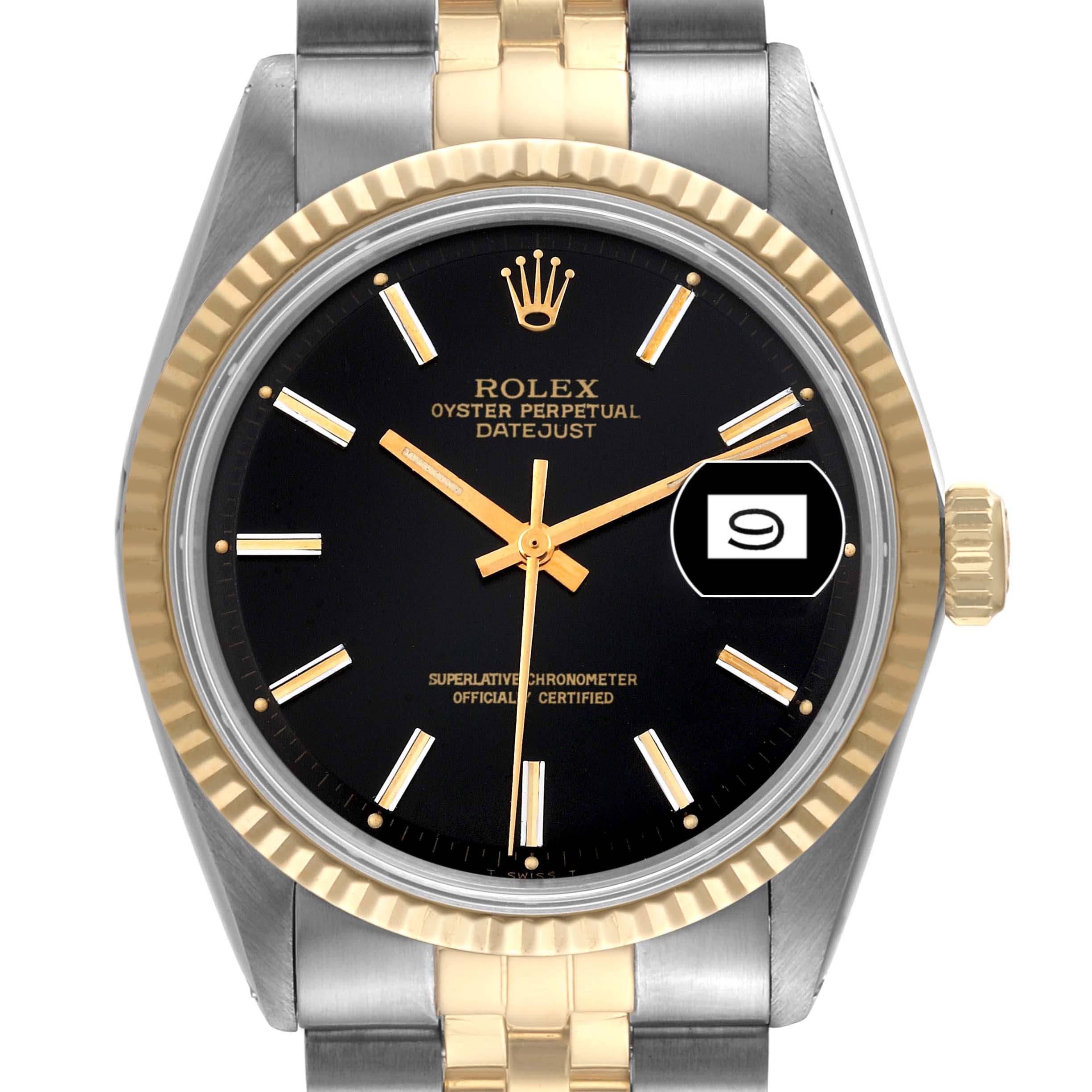 The Rolex Vintage Collection 1601 Men's Steel and Gold (two tone) Black Dial 1601 Men's Steel and Gold (two tone) Black Dial Watch is shown from the front, displaying its face, bezel, dial, hands, bracelet, and date window.