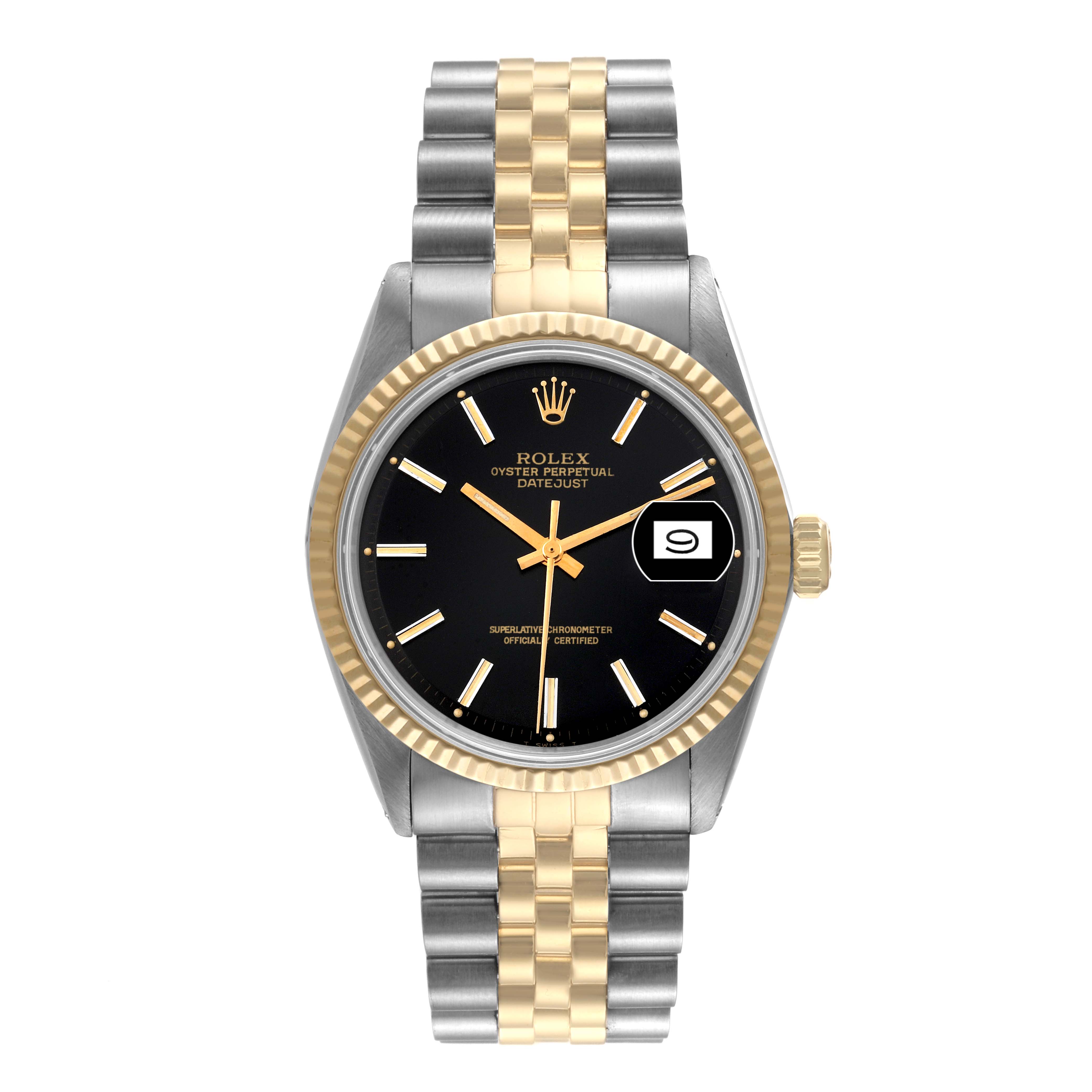 This is a front view of the Rolex Vintage Collection 1601 Men's Steel and Gold (two tone) Black Dial 1601 Men's Steel and Gold (two tone) Black Dial model showing the dial, bezel, and two-tone bracelet.