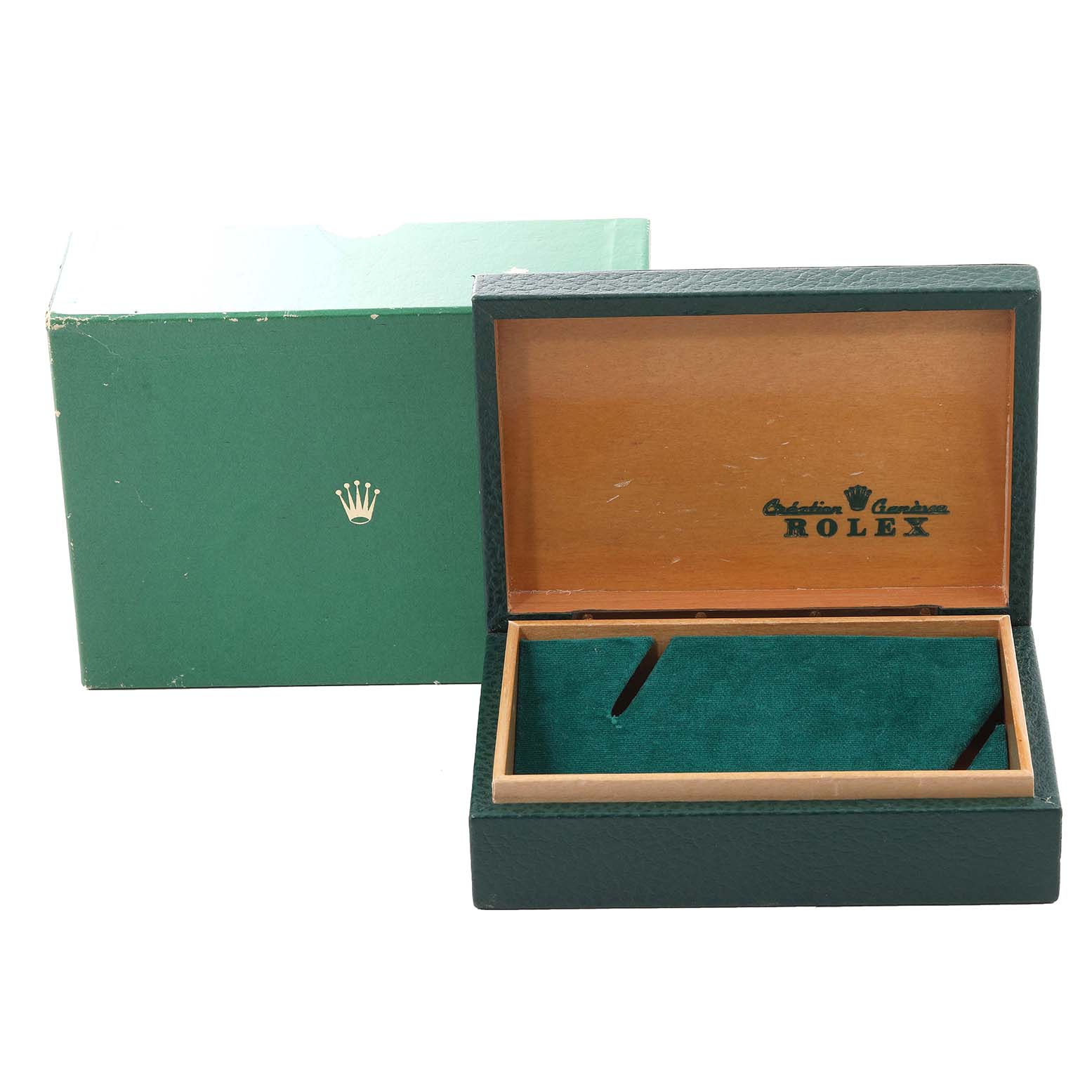 The image shows the open box and packaging of a Vintage Collection Rolex watch, highlighting the storage case and the outer box.