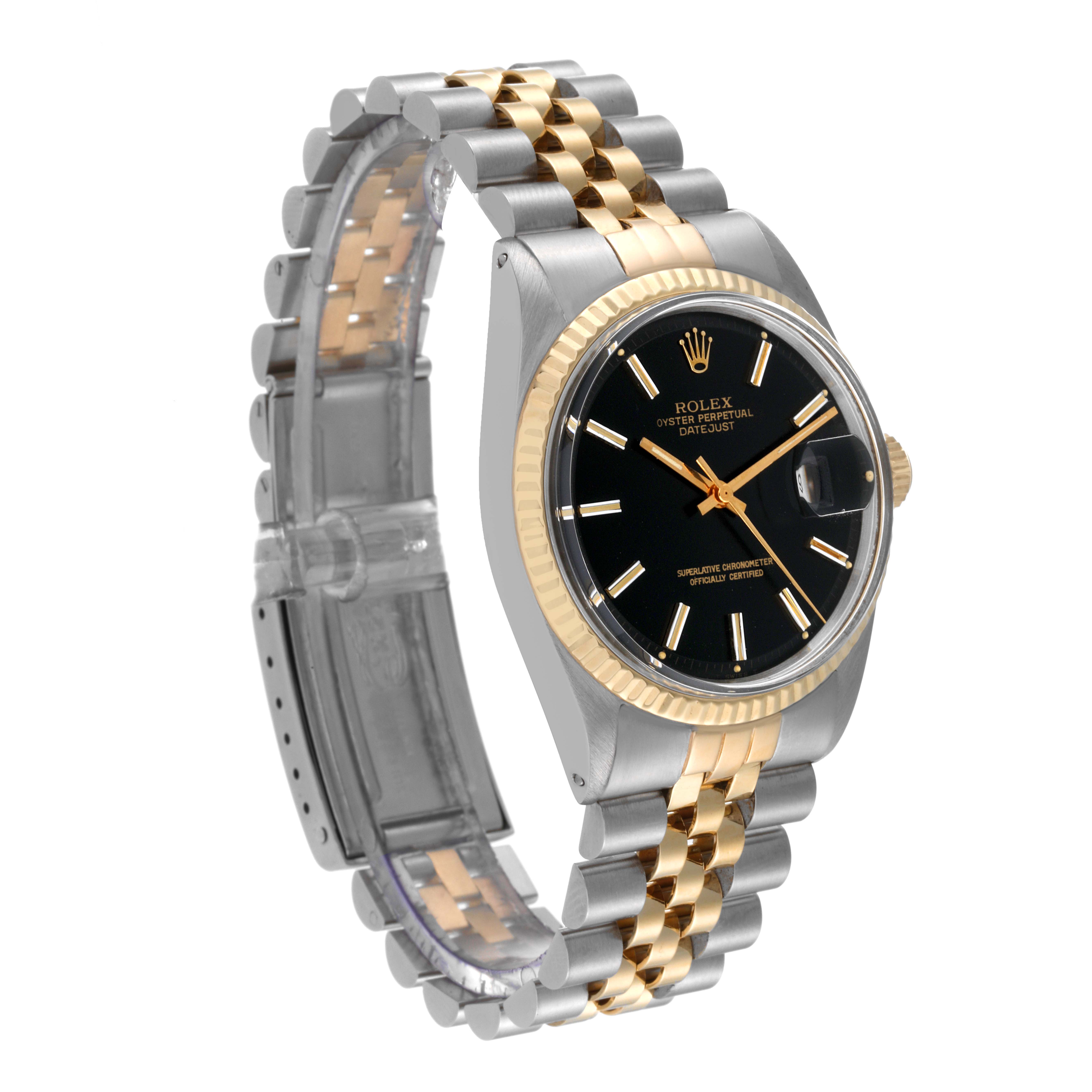 The image shows a Rolex Vintage Collection 1601 Men's Steel and Gold (two tone) Black Dial 1601 Men's Steel and Gold (two tone) Black Dial watch at a three-quarter angle, highlighting its black dial, two-tone bracelet, and fluted bezel.
